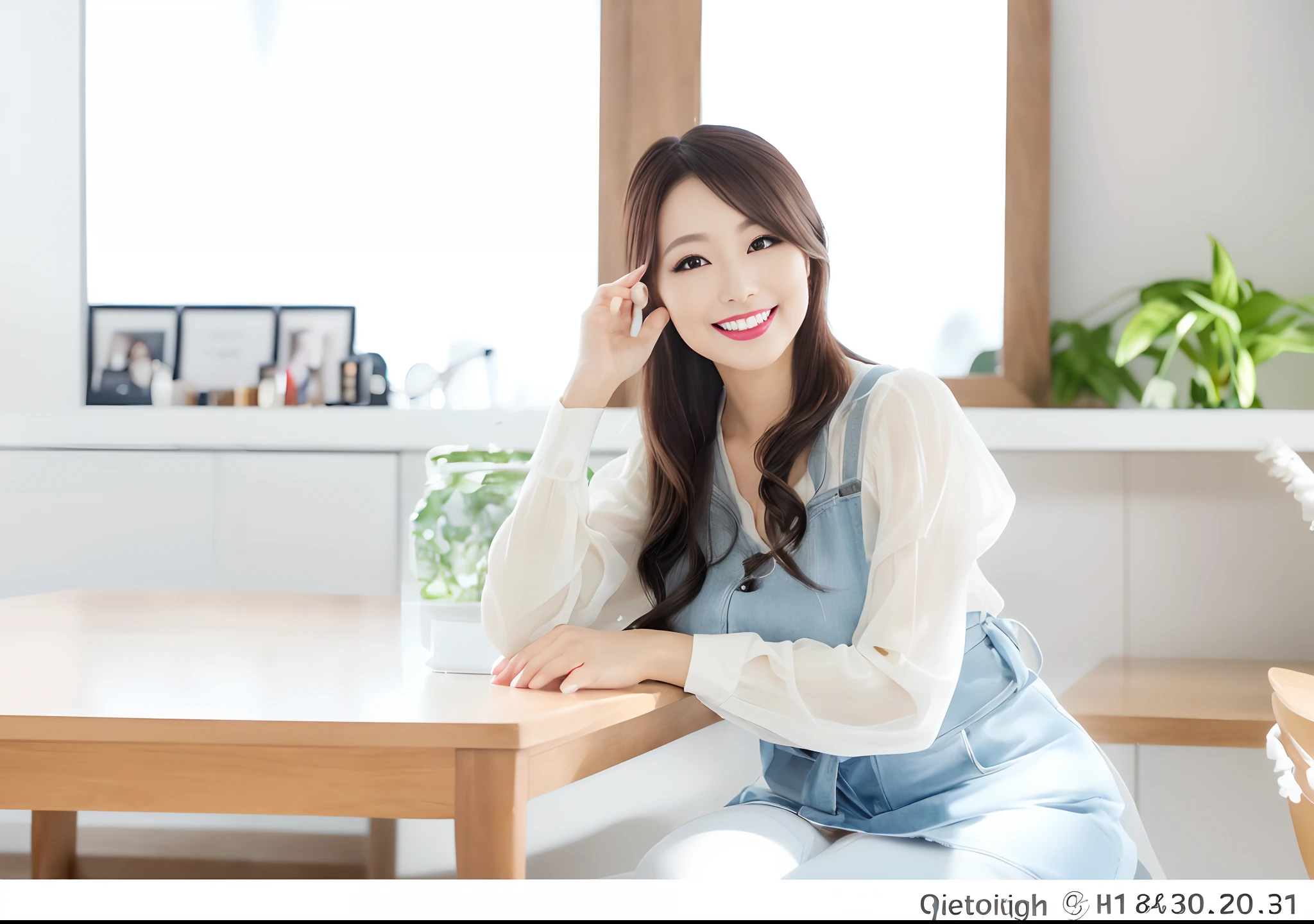 ((Beautuful Women, The biggest smile staring at the camera,Natural soft lighting,Beautiful skin,Beautiful face,)),((Japan Beauty 1,35-year-old beauty,The face of Japan's cutest idol)),(Camera gaze,Biggest smile、length hair,waved hair,Colossal tits,Chest that seems to burst,emphasizing breasts),(View here,It's the perfect camera gaze,Clean teeth,face perfect,White teeth,perfect teeth,8K、hightquality、best qualtiy,tmasterpiece,hight resolution,At 8K,Ulutra HD,softlighting,hightquality, hight resolution),putting makeup on, natural make up, light make-up, make up, Beauty woman, makeup, Light makeup, make - up, make - up, with a mirror, Wear eyeshadow, the face of a beautiful Japanese girl, Evening make-up, with professional makeup, soft makeup, Stylish make-up, Woman sitting on transparent dressing table, thoughtful ), 3 0 years old woman, 30 year old female,advertisement picture,