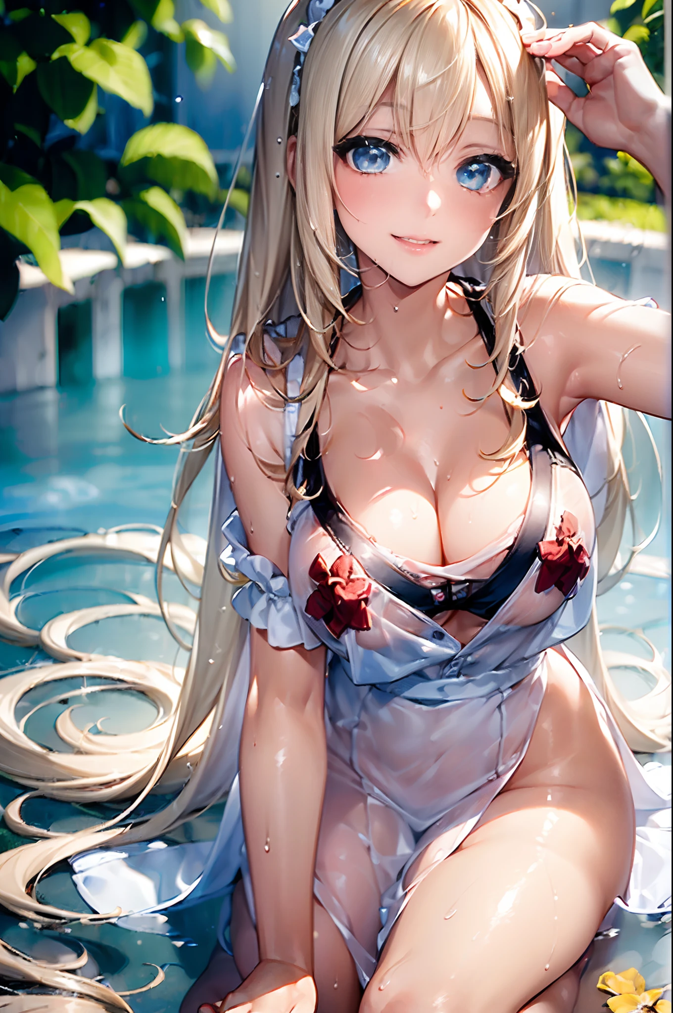 (8K), (Best Quality), (Realistic), (Photorealsitic:1.37), Ultra-detailed, 1girl in, Cute,((Just get out of the lake)),Smile,Beautiful detailed eyes, beautiful detailed nose, Full body, Wet hair, ((White shirt and dress)) ,Film grain,see through,((Wet)),((see through)),(((No bra))),(((Pose Seductive))),(((stroking your hair with one hand)))、bright expression、poneyTail、Young shiny shiny white shiny skin、Best Looks、Blonde reflected light、Platinum blonde hair with dazzling highlights、shiny light hair,、Super long silky straight hair、Beautiful bangs that shine、Glowing crystal clear attractive big blue eyes、Very beautiful nice cute 16 year old girl、Lush bust,((Rejoice with the whole body:1.5))++、natural make up、((Marie Rose))+、Makeup that the eyes emphasize、