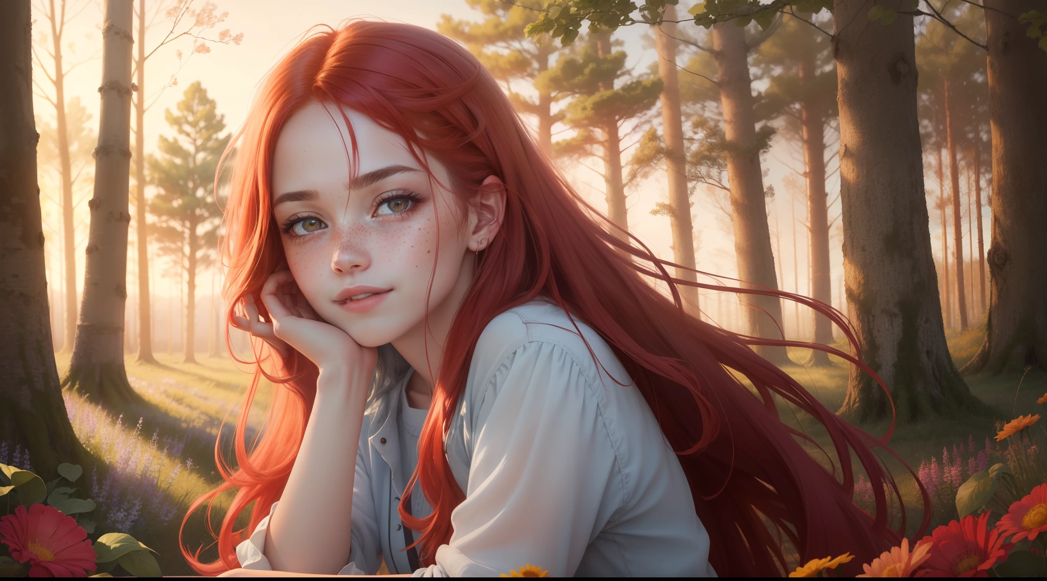 (best quality,8k,highres,masterpiece:1.2),ultra-detailed,(photorealistic:1.4) raw photo,1girl,red hair,portraits,vivid colors,sharp focus,natural lighting,freckles,rosy cheeks,intense gaze,long flowing hair,outdoor setting,soft breeze,ethereal atmosphere,sunlight streaming through the trees,flowers in the background,subtle smile,sunset hues