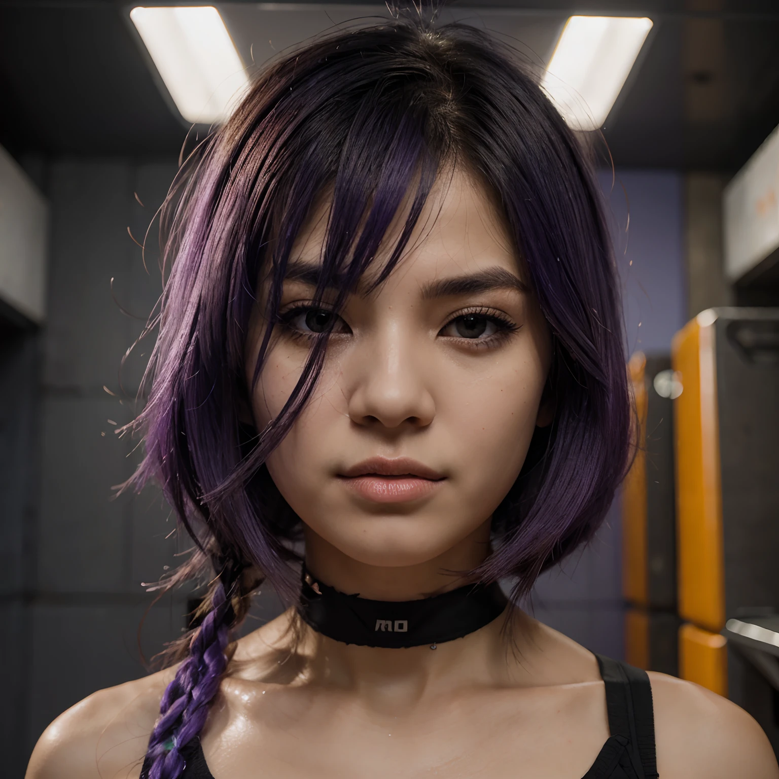 Raiden Shougn, cabelo roxo, olhos fechados, uma rindo, boca aberta, com um fundo laranja, retrato