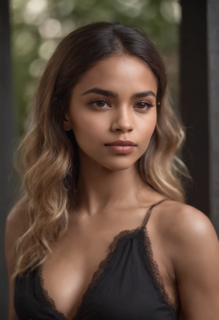 black chica sexy joven atractiva, con pechos grandes, sin maquillaje, con el pelo rubio y ojos claros realista.