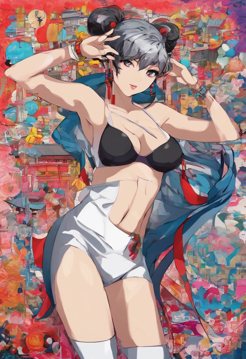 (hip hop scene) a hip hop confidant badass , fullbody traditional japanese porcelain geisha graffiti artist DealWithIt badass selfie pose on graffiti wall,(big breast:1.5), (nsfw:1.3)