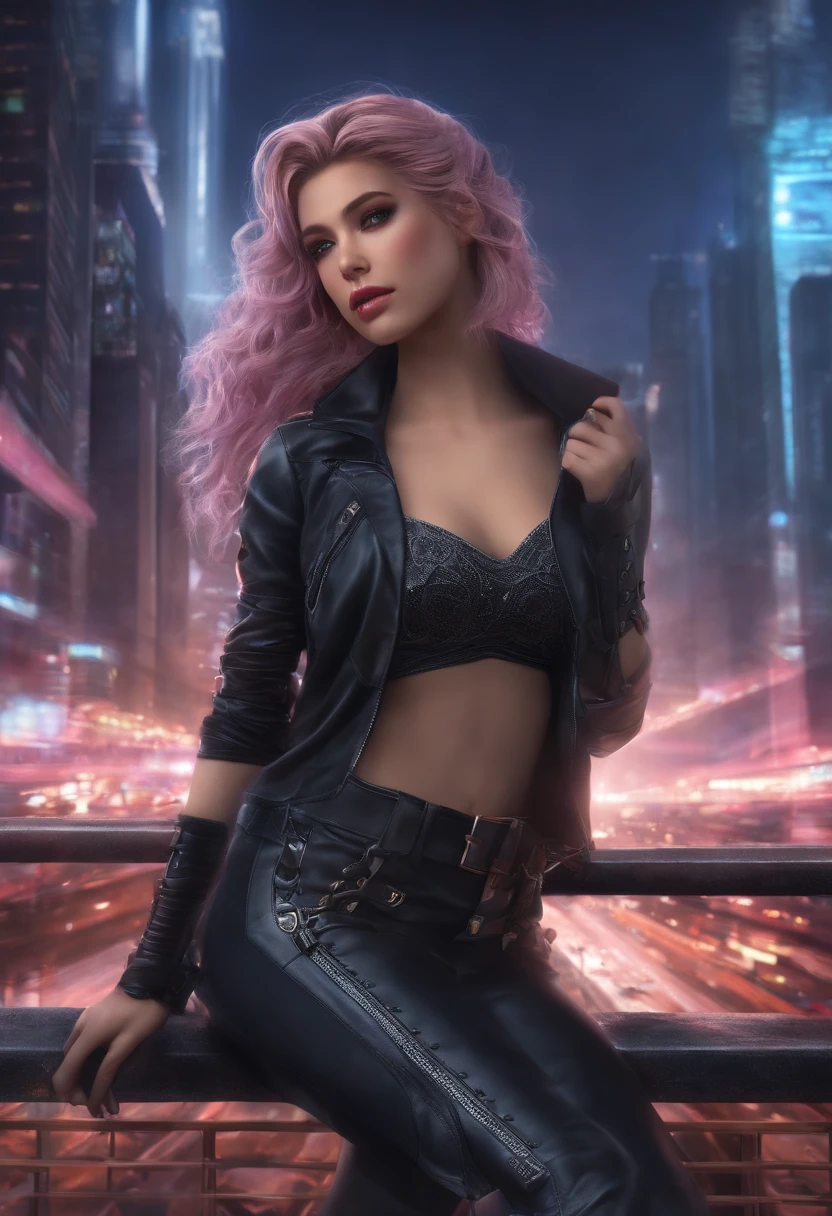 high resolution, best quality, master part, Very high image quality, ultra-detalhado, hiper-realista, ..3d, anime, Illustrations, fantasia, menina do hard rock, muito bonito bonito, cabelo ondulado rosa, side braid, minissaia, meias altas do joelho, Botas de Engenheiro, Cyber Punk Galaxy City Background