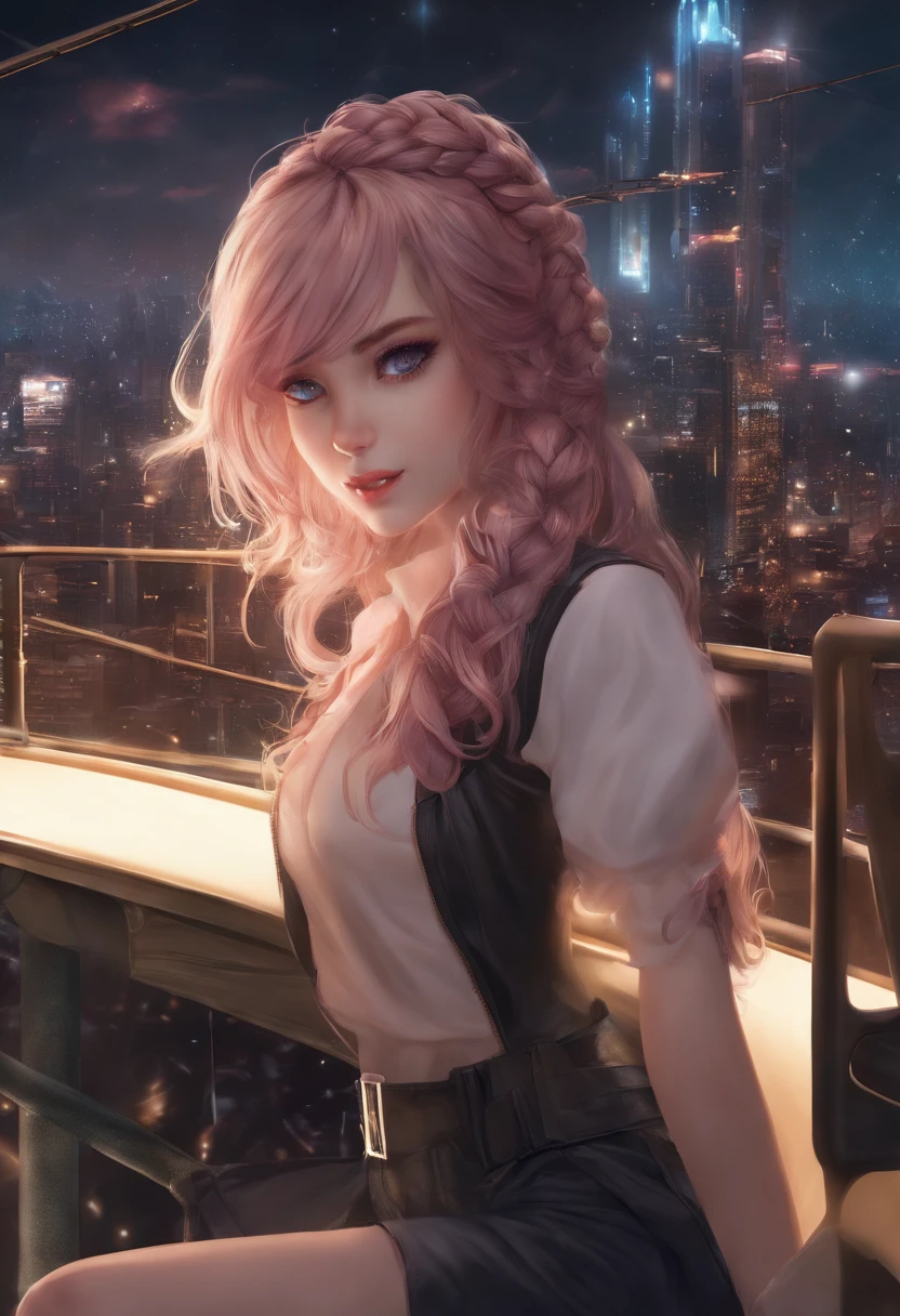 high resolution, best quality, master part, Very high image quality, ultra-detalhado, hiper-realista, ..3d, anime, Illustrations, fantasia, do hard rock, muito bonito bonito, cabelo ondulado rosa, side braid, minissaia, meias altas do joelho, Botas de Engenheiro, Cyber Punk Galaxy City Background
