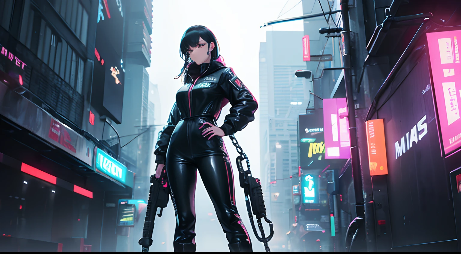 Woman wearing a black PVC jumpsuit , Tall boots and chains holding a neon cyberpunk gun