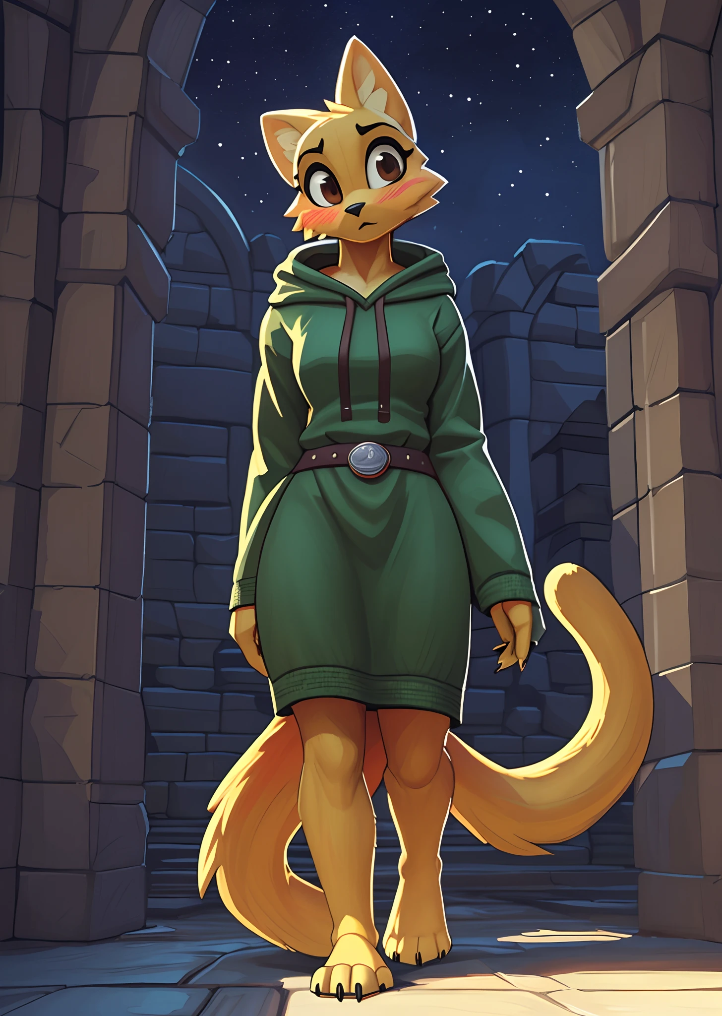[katia managan], [Uploaded to e621.net; (Pixelsketcher), (wamudraws)], [(Uploaded to twitter.com); (@senip)], ((masterpiece)), ((HD)), ((solo portrait)), ((full body)), ((front view)), ((furry; anthro)), ((detailed fur)), ((detailed shading)), ((beautiful render art)), {anthro; yellow fur, black nose, (long yellow cat tail), (cute dark brown eyes), (blushing), (surprised)}, {(green and brown long sleeve hooded tunic), (long dress), (beautiful feet), (black claws)}, {(walking), (arms at sides), (head turned), (looking ahead)}, [background; (stone buildings), (starry sky), (ambient lighting)}