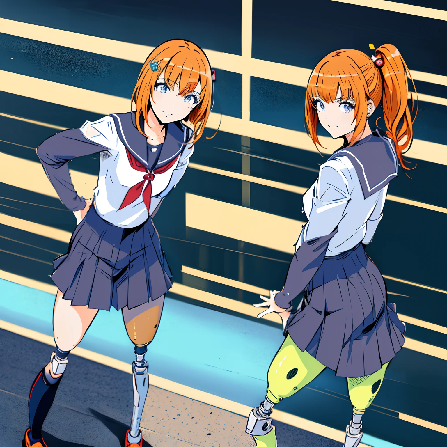 Cute 12 years old japaneese school girl with bionic legs, drawn in anime style, moe, futuristic, Y2K aesthetic, sci-fi, Maroon eyes, orange hair with ponytail, flat chested, sailor school uniform, hair clips, standing in high tech class room.