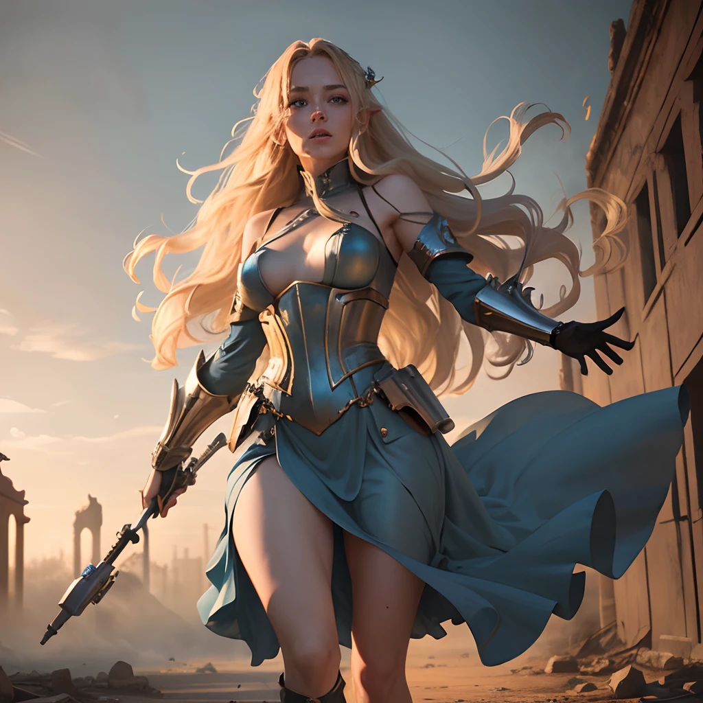 Blonde elf woman with long wavy hair in long shiny blue dress with bodice, Armed with a grenade launcher, hung with cartridge belts and grenades. (Fully armored arms and legs). running fast. Holds a weapon. dynamic environment. A strong wind is blowing. Make your way through the ruins of an ancient city, that are partially hidden in the fog. Explosion in the background. Strange Shadows. Gloomy and unsettling atmosphere. higly detailed. delicate detail. photo realism. (full-length photo)
