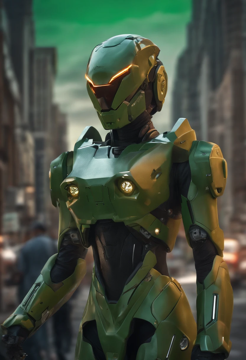 A mais alta qualidade de imagem, Detalhes marcantes, ultra-high resolution, (realismo: 1.4), The best illustration, favor details, 1girl altamente condensado, com um rosto delicado e bonito, vestido em um mecha preto e verde, usando um capacete mecha, segurando um controlador direcional, andar de moto, the background is a high-tech lighting scene of the future city. surreal illustration, surreal rendering, clean digital render, photorealistic render, surreal illustration