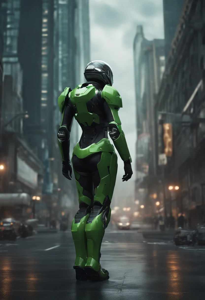 A mais alta qualidade de imagem, Detalhes marcantes, ultra-high resolution, (realismo: 1.4), The best illustration, favor details, 1girl altamente condensado, com um rosto delicado e bonito, vestido em um mecha preto e verde, usando um capacete mecha, segurando um controlador direcional, andar de moto, the background is a high-tech lighting scene of the future city. surreal illustration, surreal rendering, clean digital render, photorealistic render, surreal illustration
