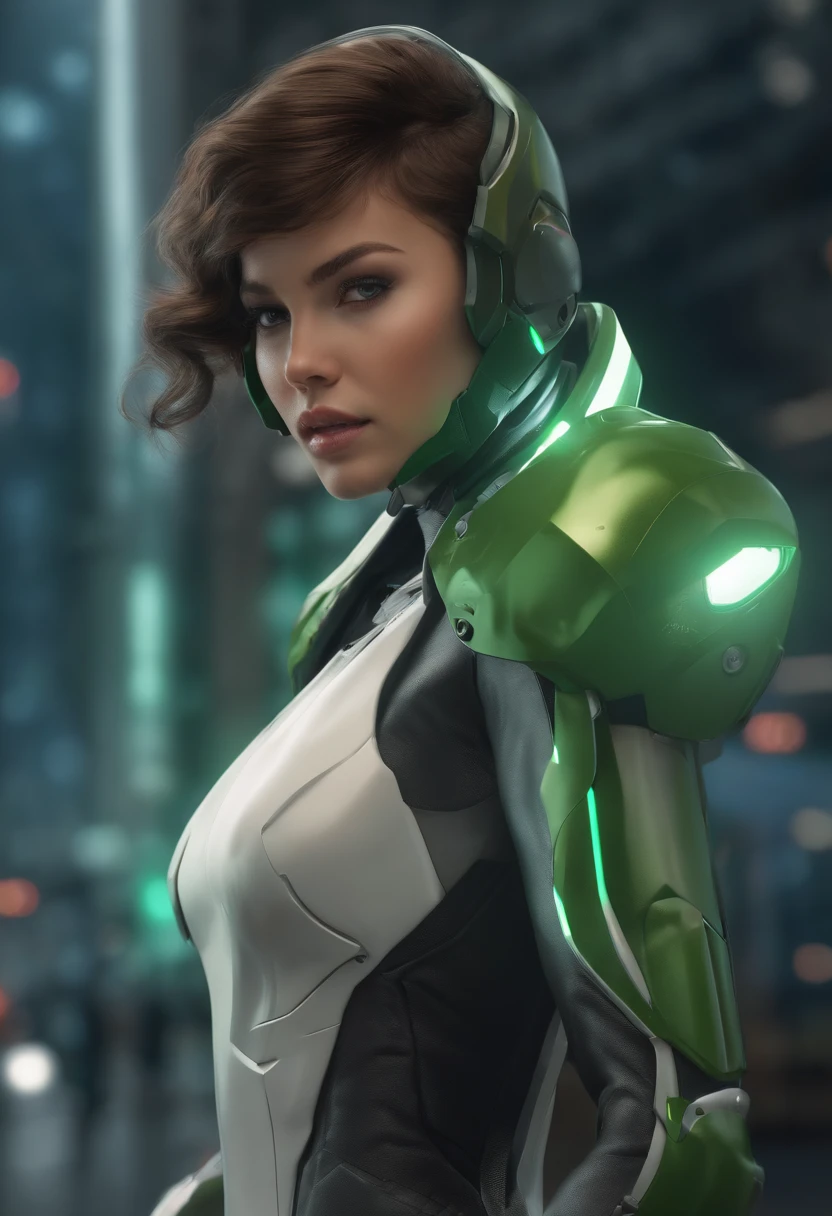 A mais alta qualidade de imagem, Detalhes marcantes, ultra-high resolution, (realismo: 1.4), The best illustration, favor details, 1girl altamente condensado, com um rosto delicado e bonito, vestido em um mecha preto e verde, usando um capacete mecha, segurando um controlador direcional, andar de moto, the background is a high-tech lighting scene of the future city. surreal illustration, surreal rendering, clean digital render, photorealistic render, surreal illustration