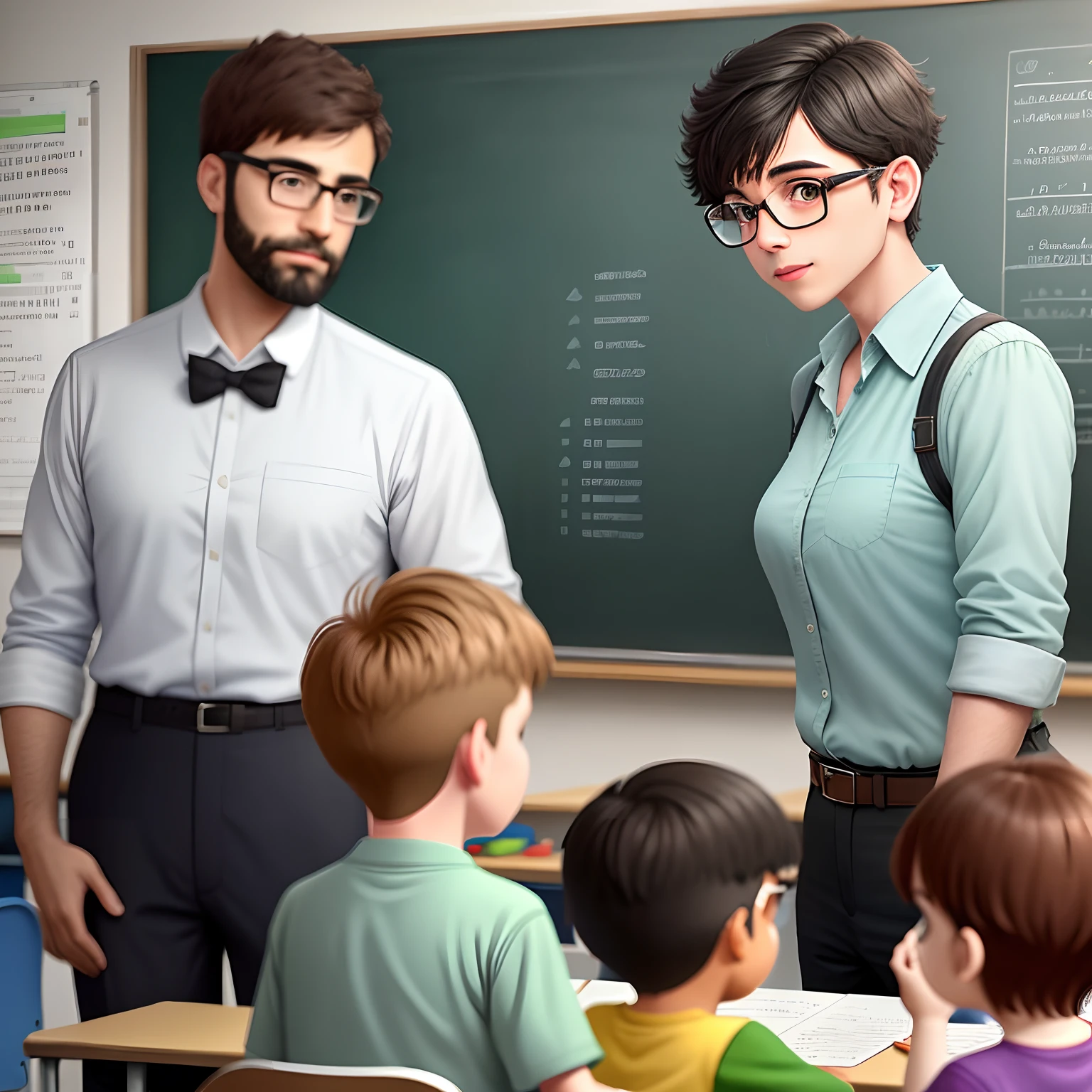 arte digital, um professor do sexo masculino com barba pequena, short hair, glasses, e olhos azuis, in a classroom with many children girls students, Behind them a green chalkboard, master part