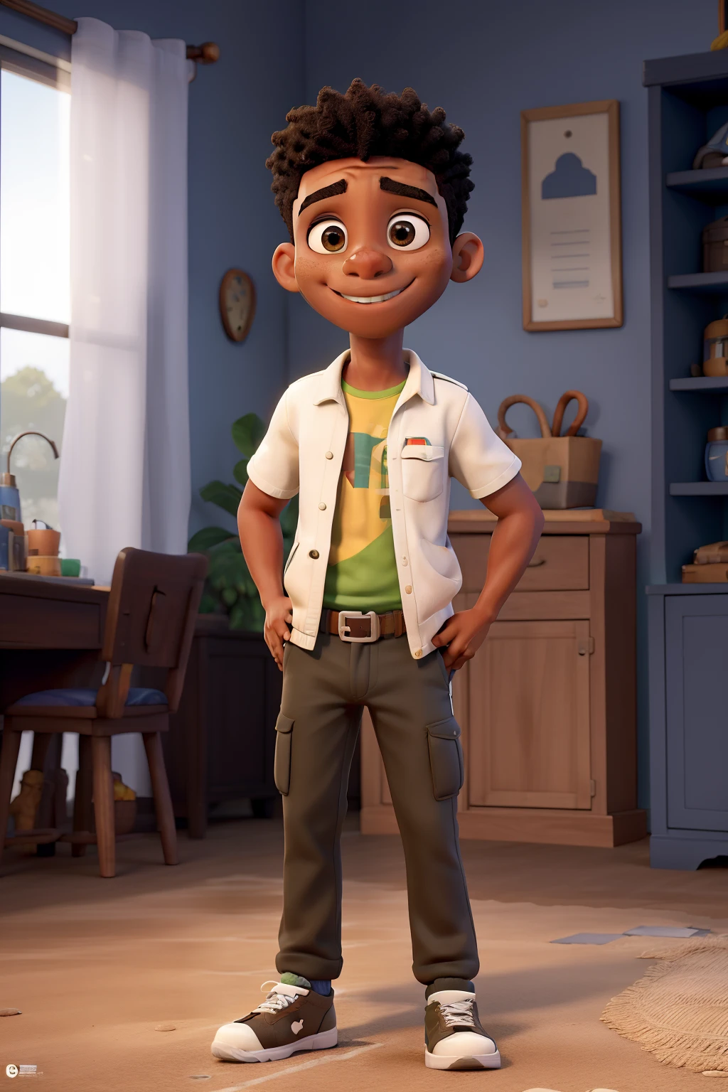 Obra-prima, de alta qualidade, Disney Pixar, menino africano, cabelo cortado estilo militar, corte de cabelo curto, 18 anos, pele marrom escuro, 3D, vestindo um casaco preto da Nike, a pair of pants and a pair of white sneakers, segurando um celular, Standing in the game room, Standing in the room, sorrindo