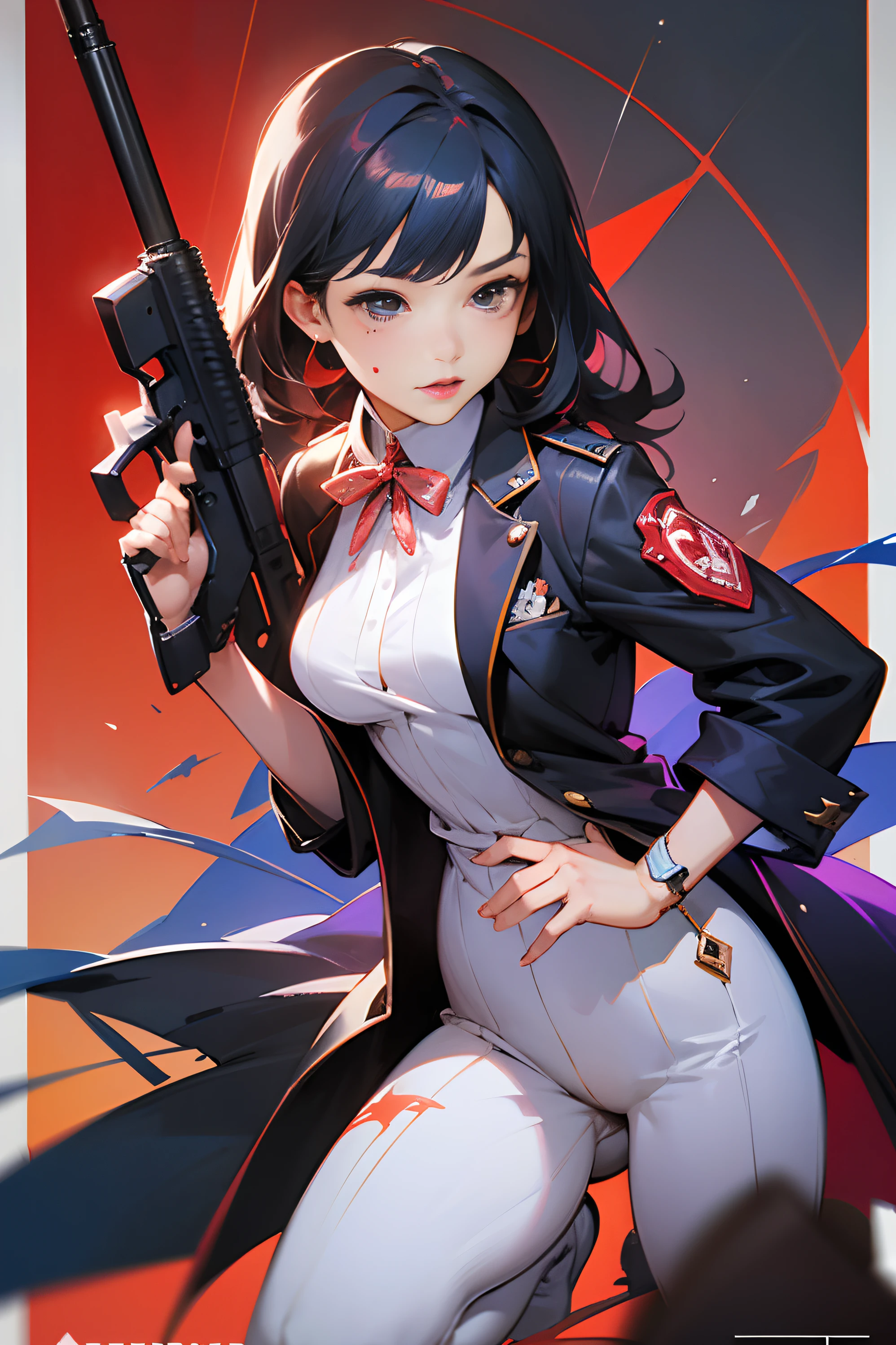 art by katsuya terada, art by range murata, art by akiman, art by JUNNY, Full body shot portrait of cute slender Young Japanese hit girl, Battle Scars, Realistic skin texture, Few moderate moles, wearing a suit, hold a gun, Red Circle nightclub in San Diego, Red and blue cinematic lighting, highly detailed, ray tracing, digital painting, concept art, smooth, sharp focus, illustration, 8k