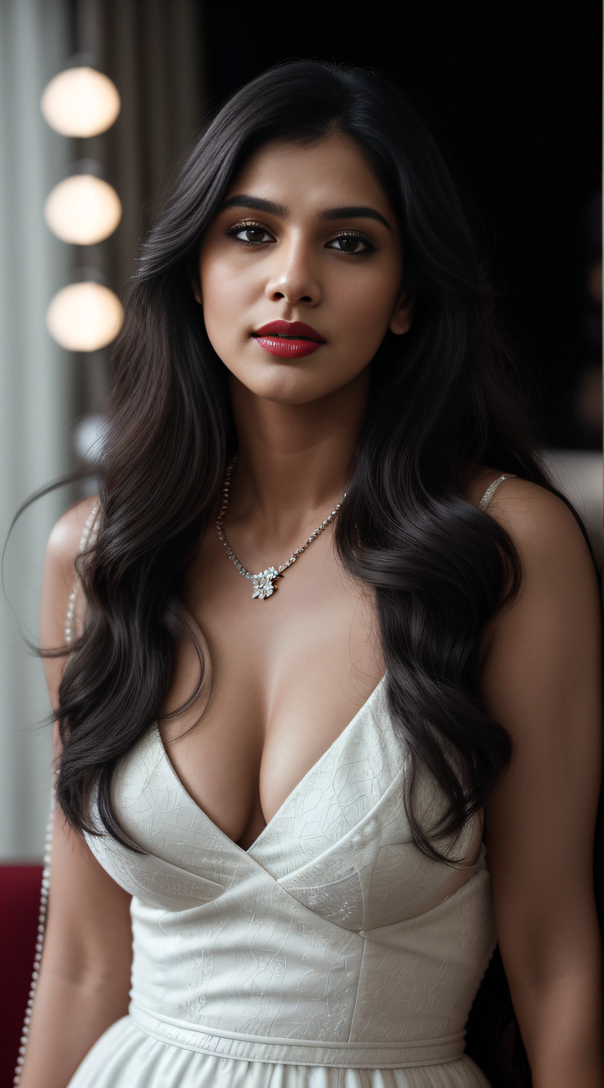 (editorial photograph of a young Indian women with long hair red lips wearing a white dress), karla ortiz, (highly detailed face:1.4) (smile:0.7) (backround 5 star hotel , moody, private study:1.3) POV, by lee jeffries, nikon d850, film stock photograph ,4 kodak portra 400 ,camera f1.6 lens ,rich colors ,hyper realistic ,lifelike texture, dramatic lighting , cinestill 800, realistic, big boobs actress, karla ortiz, posing!!, candid picture, by Max Dauthendey