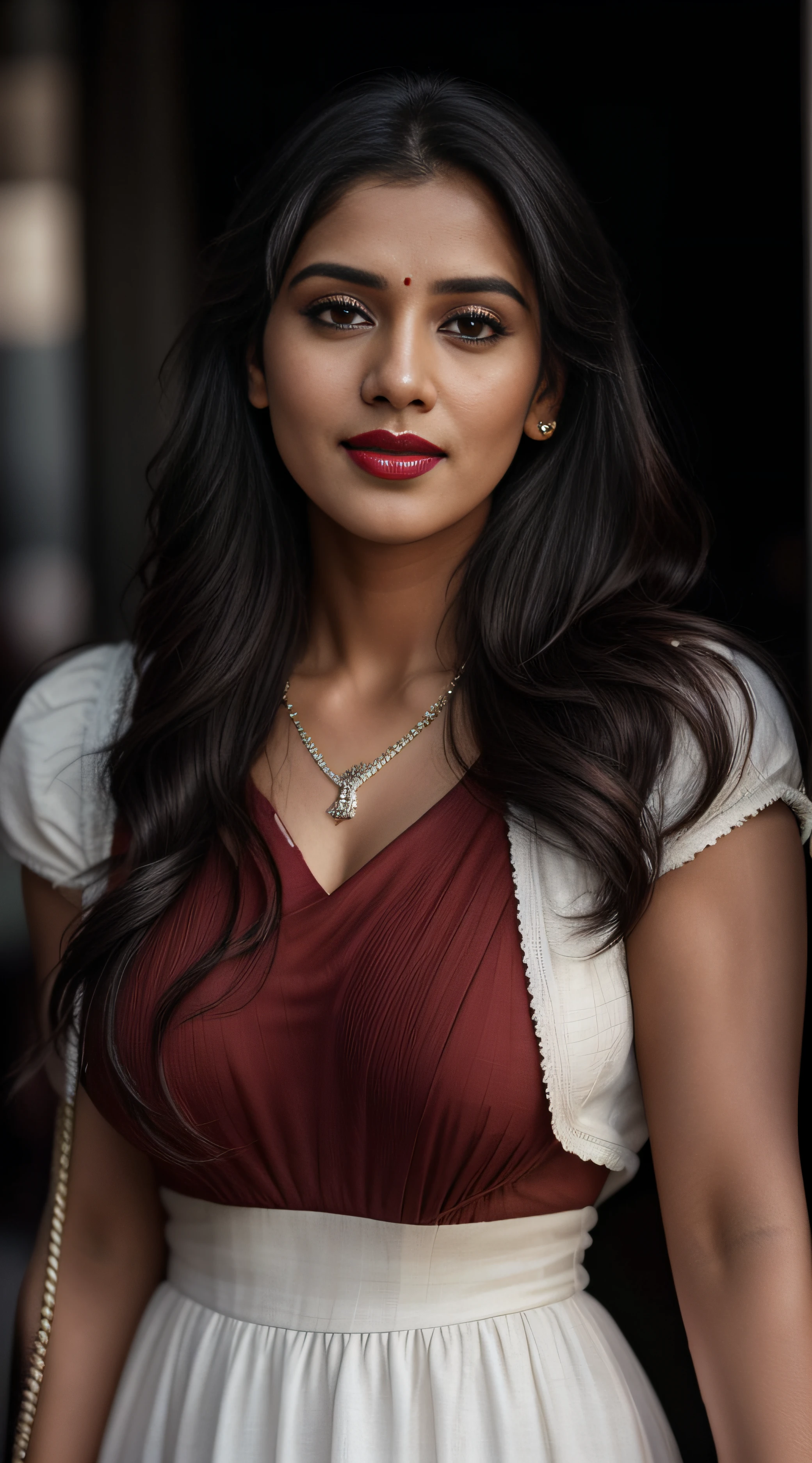 a close up of an indian women with long hair red lips wearing a white dress, with lovely look, very attractive and beautiful, big boobs seductive, candid picture, with cute - fine - face, indian, pretty face!!, with an elegant smile, appearing in a shopping mall, candid photo, attractive and beautiful, very attractive, with a seductive smile, POV, by lee jeffries, nikon d850, film stock photograph ,4 kodak portra 400 ,camera f1.6 lens ,rich colors ,hyper realistic ,lifelike texture, dramatic lighting , cinestill 800, realistic, karla ortiz, posing!!, candid picture, by Max Dauthendey,