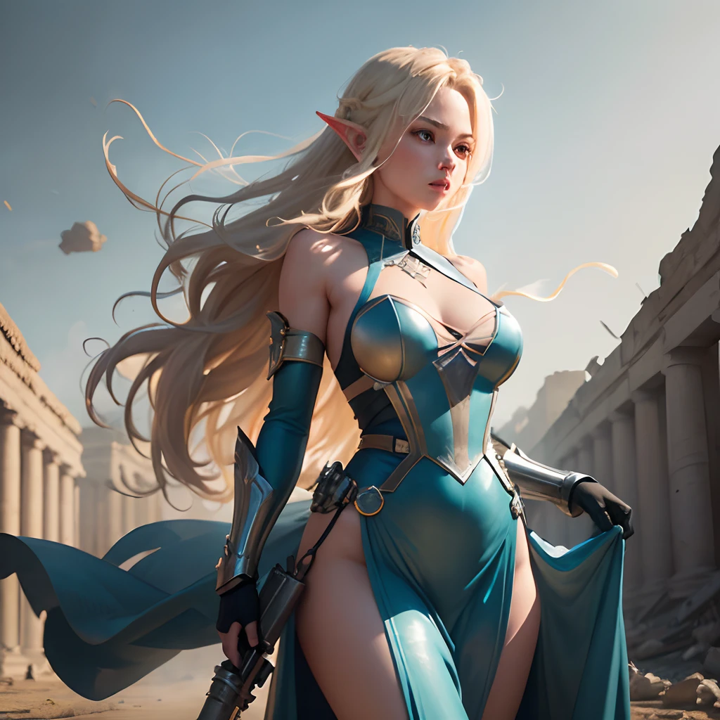 Blonde elf woman with long wavy hair in long shiny blue dress with bodice, Armed with a grenade launcher, hung with cartridge belts and grenades. (Fully armored arms and legs). Runs. Holds a weapon. dynamic environment. A strong wind is blowing. Make your way through the ruins of an ancient city, that are partially hidden in the fog. Explosion in the background. Strange Shadows. Gloomy and unsettling atmosphere. higly detailed. delicate detail. photo realism. (full-length photo)