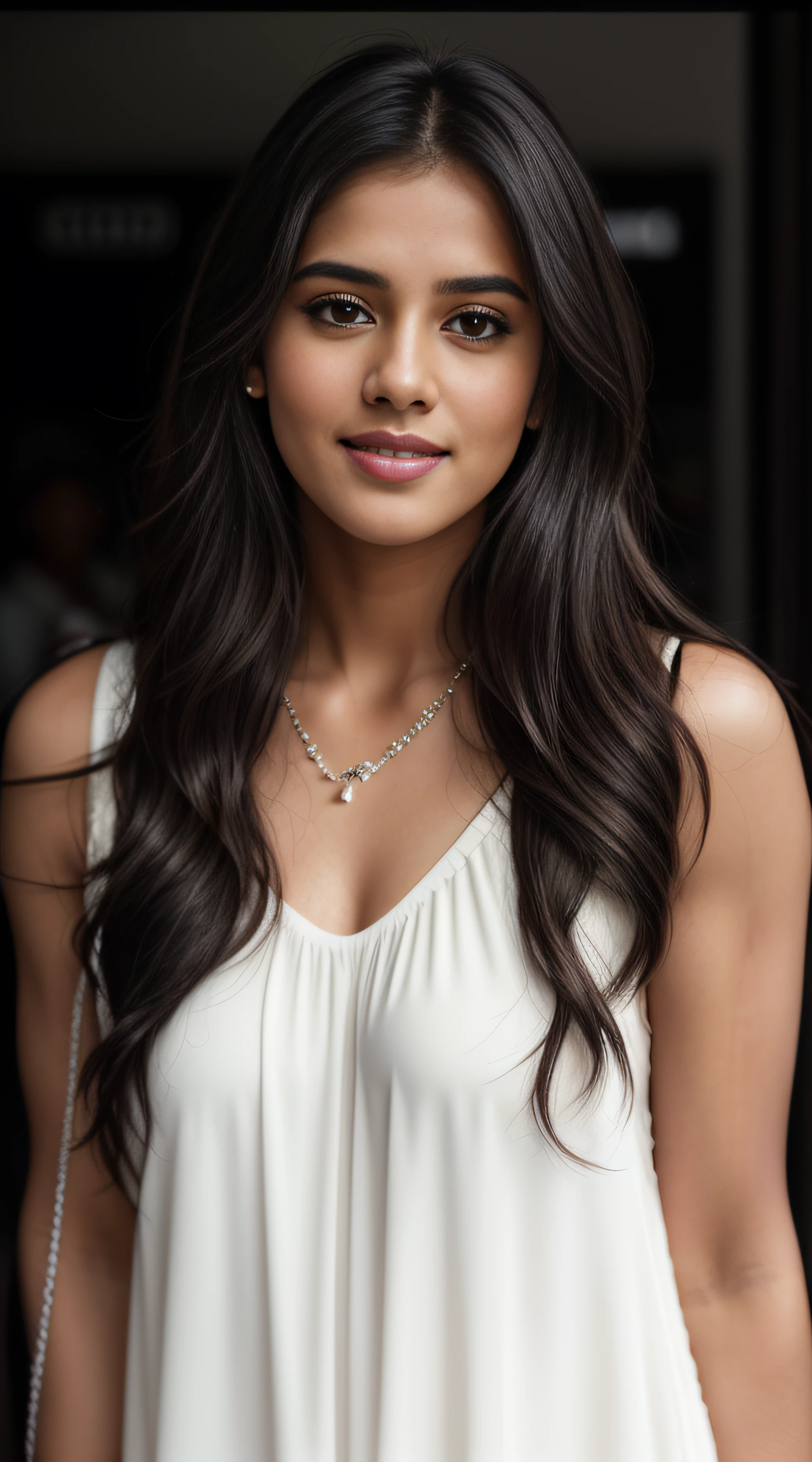 a close up of an indian women with long hair red lips wearing a white dress, with lovely look, very attractive and beautiful, big boobs seductive, candid picture, with cute - fine - face, indian, pretty face!!, with an elegant smile, appearing in a shopping mall, candid photo, attractive and beautiful, very attractive, with a seductive smile, POV, by lee jeffries, nikon d850, film stock photograph ,4 kodak portra 400 ,camera f1.6 lens ,rich colors ,hyper realistic ,lifelike texture, dramatic lighting , cinestill 800, realistic, karla ortiz, posing!!, candid picture, by Max Dauthendey,