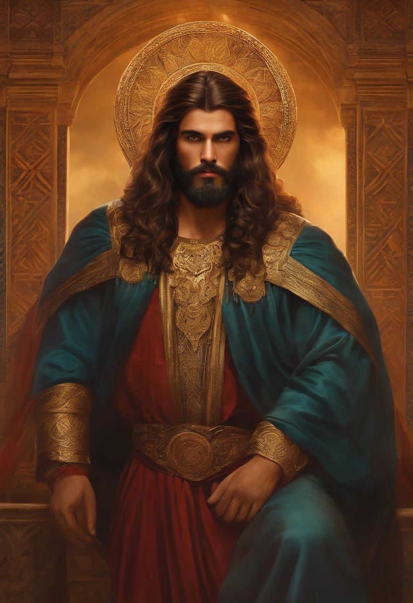 Absalom, filho do Rei Davi, homem formoso e de cabelos longos, usando vestes masculinas tradicionais do Antigo Testamento, imagem ultraealista. meio corpo, olhando totalmente para frente.