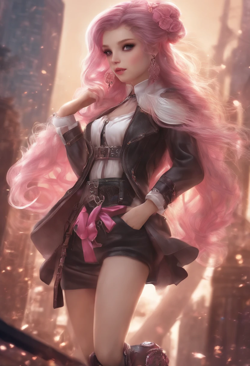 high resolution, best quality, master part, Very high image quality, ultra-detalhado, hiper-realista, ..3d, anime, Illustrations, fantasia, menina do hard rock, muito bonito bonito, cabelo ondulado rosa, side braid, minissaia curta, meias altas do joelho, Botas de Engenheiro, Cyber Punk Galaxy City Background, com pernas abertas
