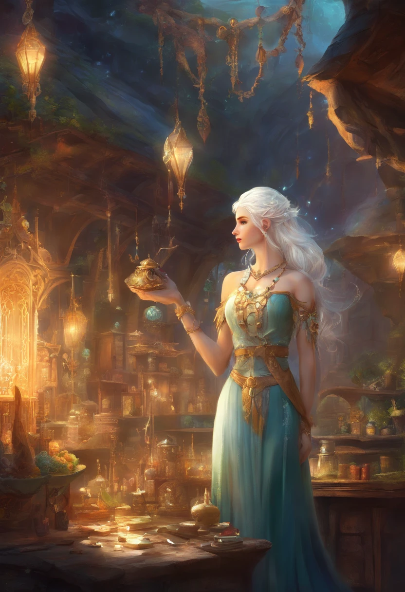 white hair girl elf with a jewelry shop