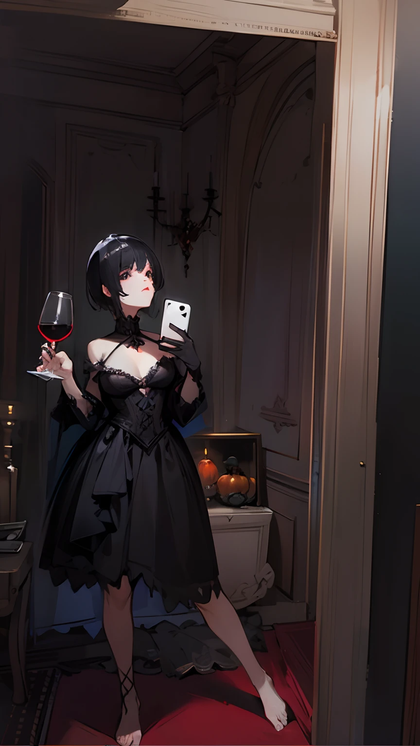 Halloween costume, wine glass, women phone selfie, black dress, short black hair