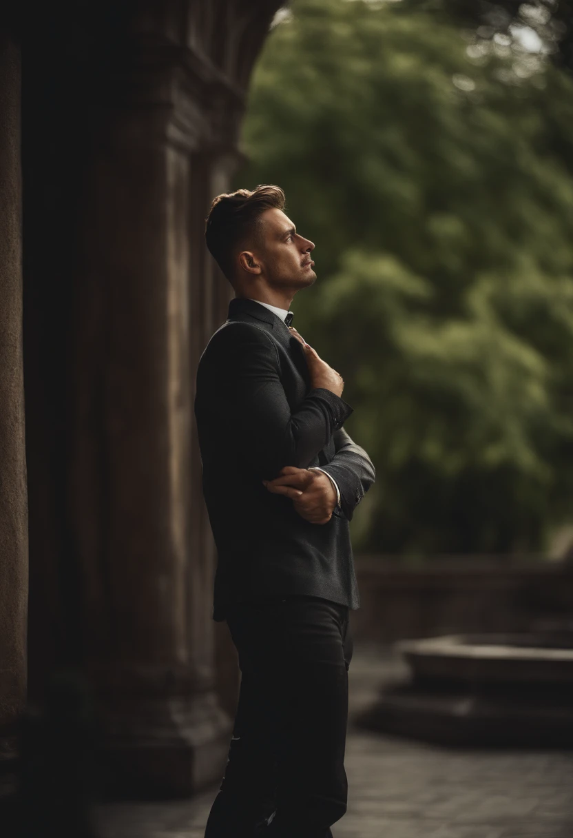 (best quality,4k,8k,highres,masterpiece:1.2),ultra-detailed,(realistic,photorealistic,photo-realistic:1.37),man posing,smirk,face,portrait,detailed background,professional lighting,neutral colors,lens flare,striking composition,artistic style,high contrast,shadow play,lively atmosphere,subtle texture,shallow depth of field,creative perspective,implied movement,sleek clothing,candid moment,confident stance,engaging expression,artfully blurred background,perfectly framed shot,bold lines and shapes,sharp focus,accurate proportions,inspiring composition