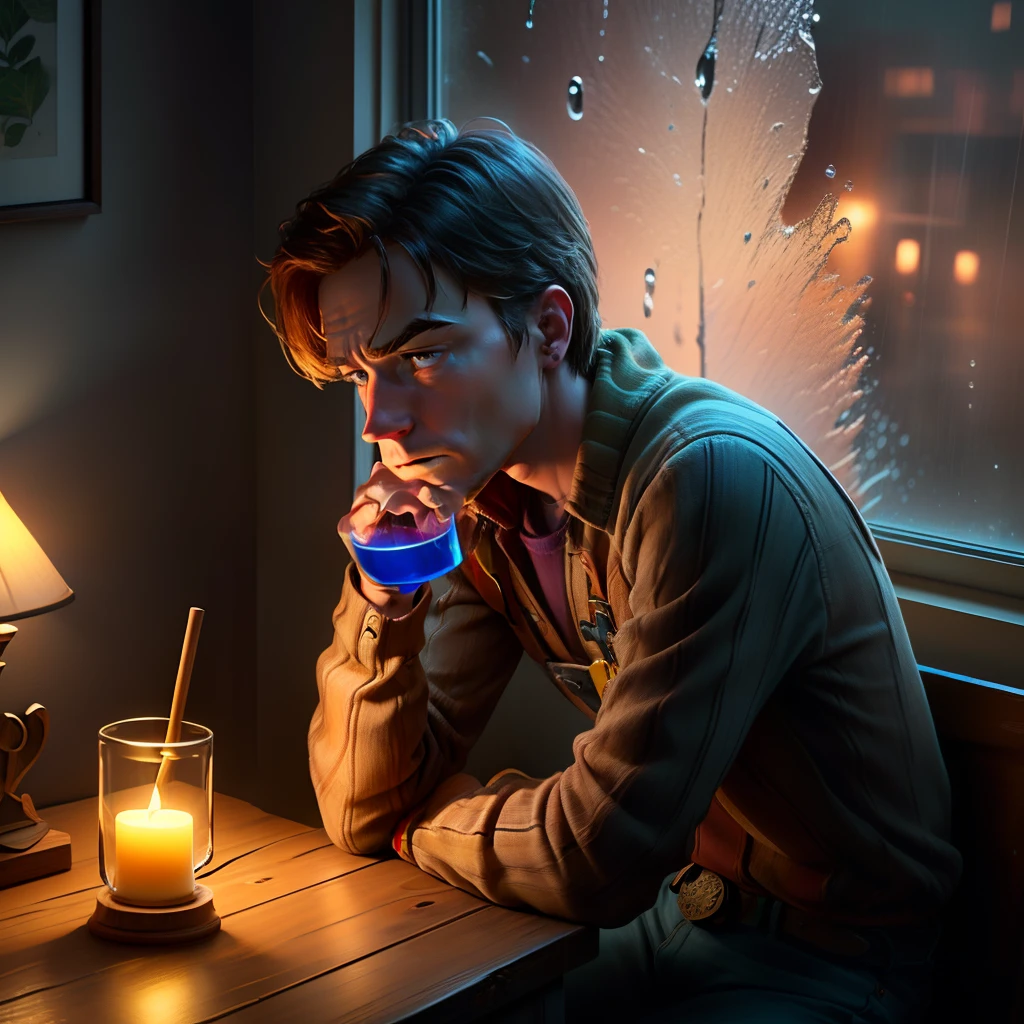 hyper realistic woody from toy story sitting on a wooden block looking sad, holding a cup with purple fluid, looking out the window where its raining, with it being dark in the room with an ambient glow from a lamp