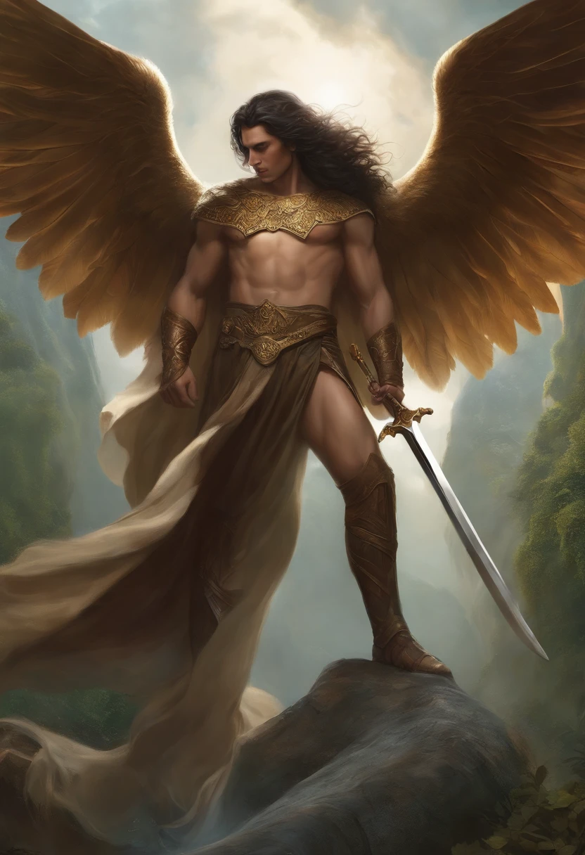 There's a man all brown and pale skin, with metallic wings and short black hair,com barba curta, Who stands majestically in a white castle with a sword;, ((altamente detalhado)), Artgerm Julie Bell Beeple, Mago oFeiticeiro Reunindo, warrior Mystic Atlantis, Sarcedote elfo, Graphic artist Magali Villeneuve, Ethereal Fantasy, estilo de magia o encontro, lord of change,  do cavaleiro do anjo, Like a mystic warrior