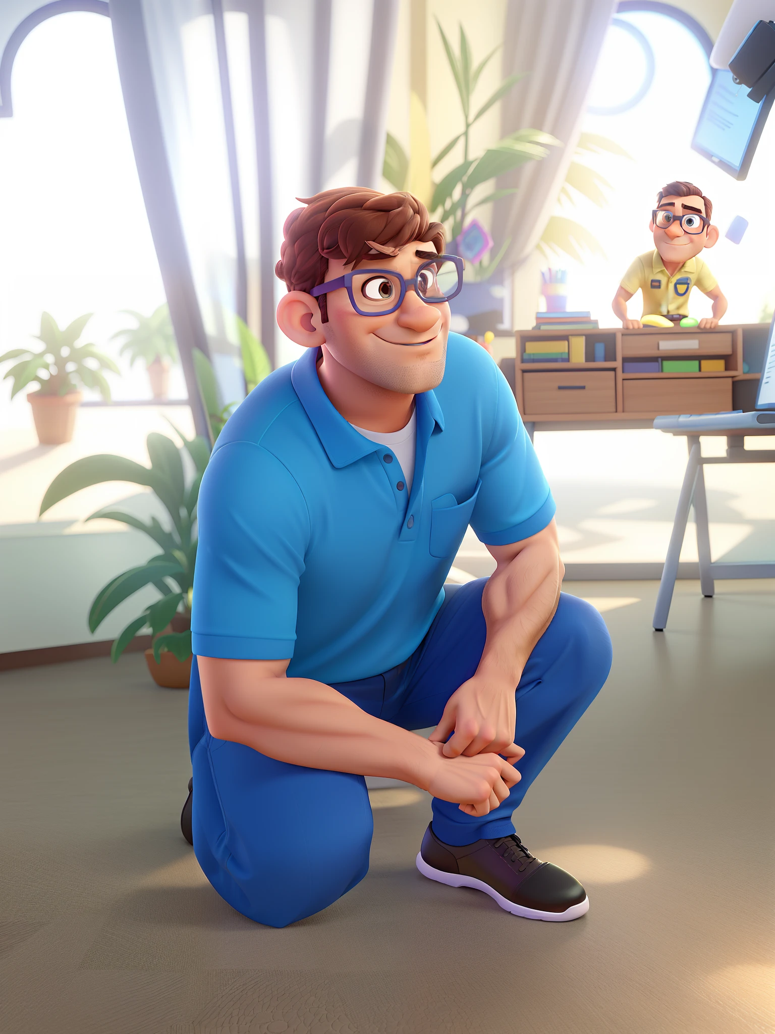 homem estilo disney pixar, pele escura, 36 anos, barba, olhos castanhos, Short hair cut in gradient, wearing glasses, On a technological background with computers, cena detalhada, lighting effects.