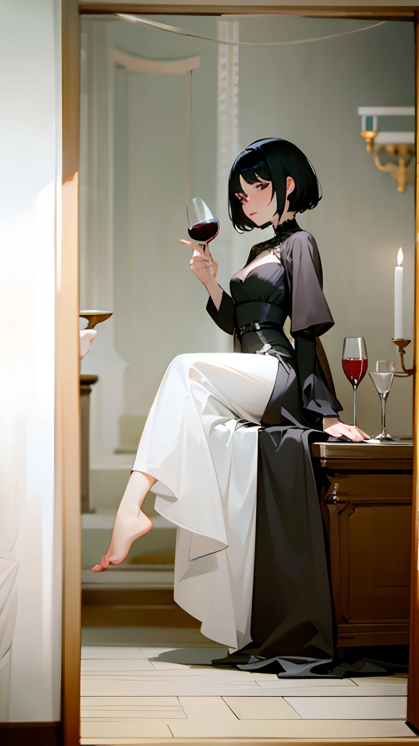 Woman selfie , black goth dress , wine glass, short black hair, Halloween background, barefoot, white underwear