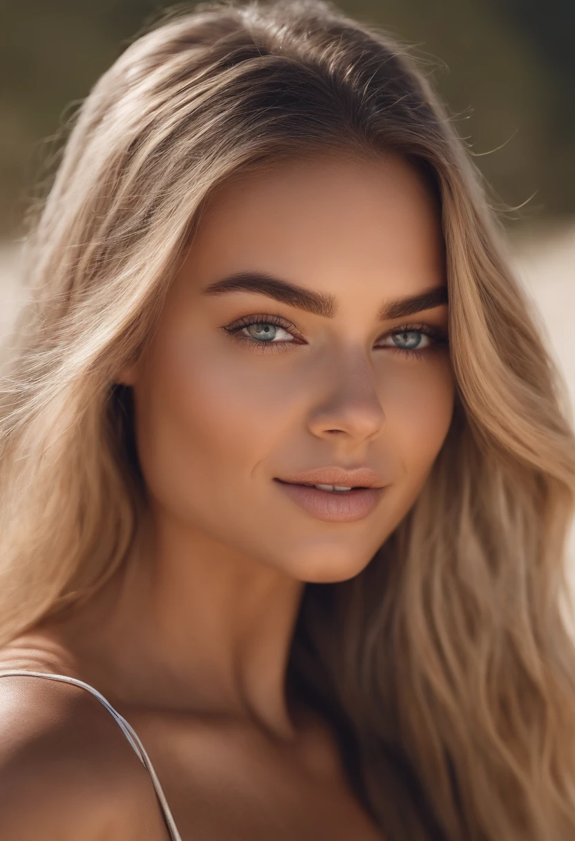 Arafed woman completely , fille sexy aux yeux bleus, ultra realist, Meticulously detailed, Portrait Sophie Mudd, cheveux blonds et grands yeux, Selfie d'une jeune femme, Yeux de chambre, Violet Myers, sans maquillage, maquillage naturel, looking straight at camera, Visage avec Artgram, Maquillage subtil, Superbe photo du corps entier, nature, Soleil, Souriant, Buste de grande taille sur la plage