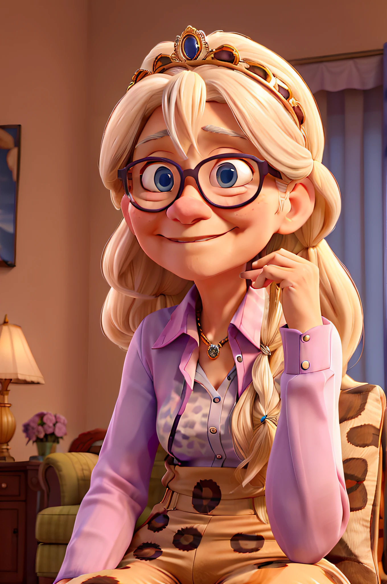 An elderly woman, long straight blond hair, glasses, blue eyes , with a tiara on her head, wears leopard print pants, pink blouse, with cell phone in hand. She's sitting on the couch in the living room