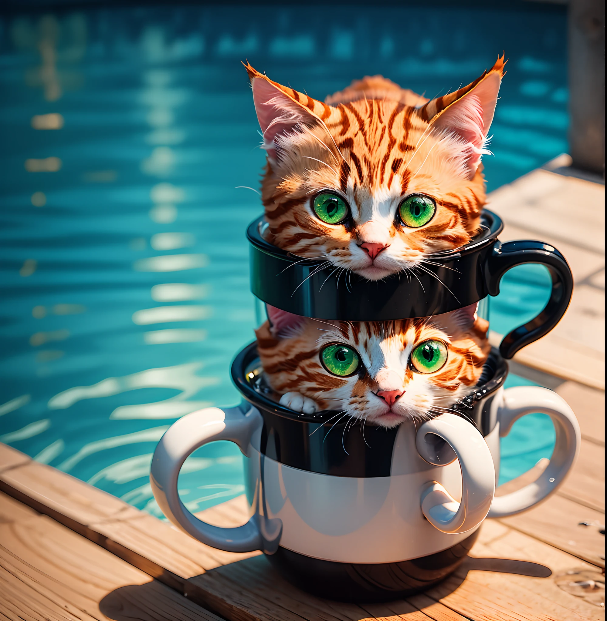 Tiny orange cat with green eyes and an emo wig, swimming inside a coffee mug