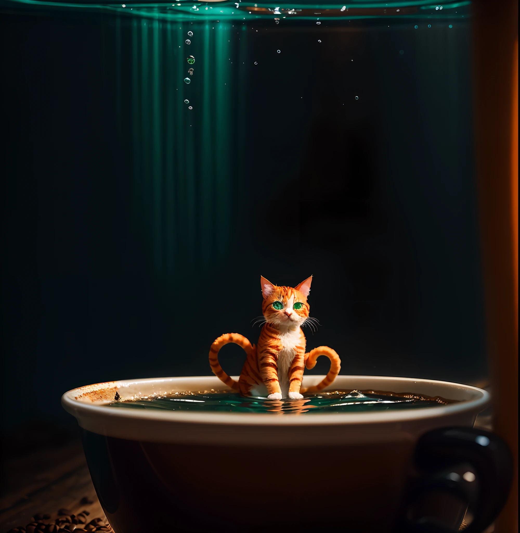 Tiny orange cat with green eyes and an emo wig, swimming inside a coffee mug