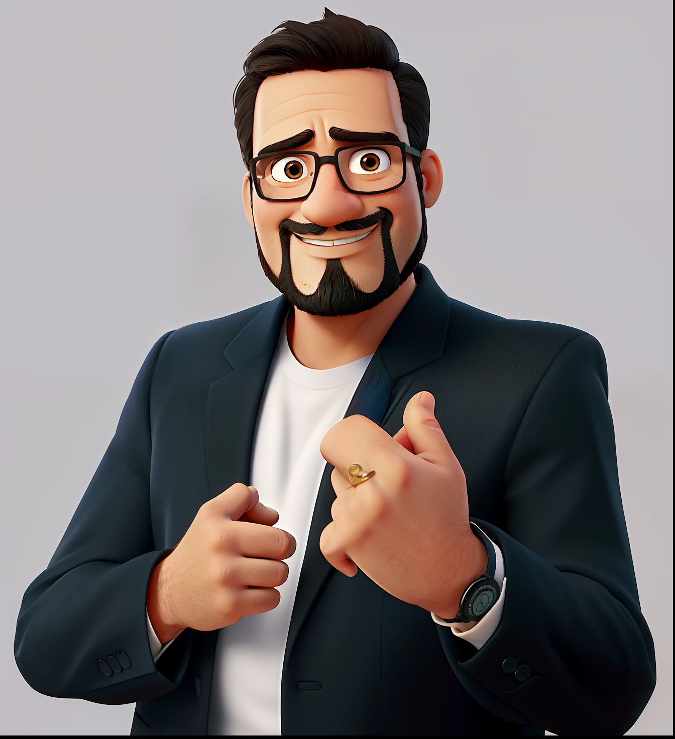 A 44-year-old Latin American psychologist man with a thin beard and goatee in a suit as in the image above. Do it with full body, mas faz duas imagens separadas. As duas em estilo Disney pixar, one with a speaker-like microphone in his hand with a blazer like in the image above and the other with teacher-style books. As duas em estilo Disney pixar melhor qualidade, maior qualidade.