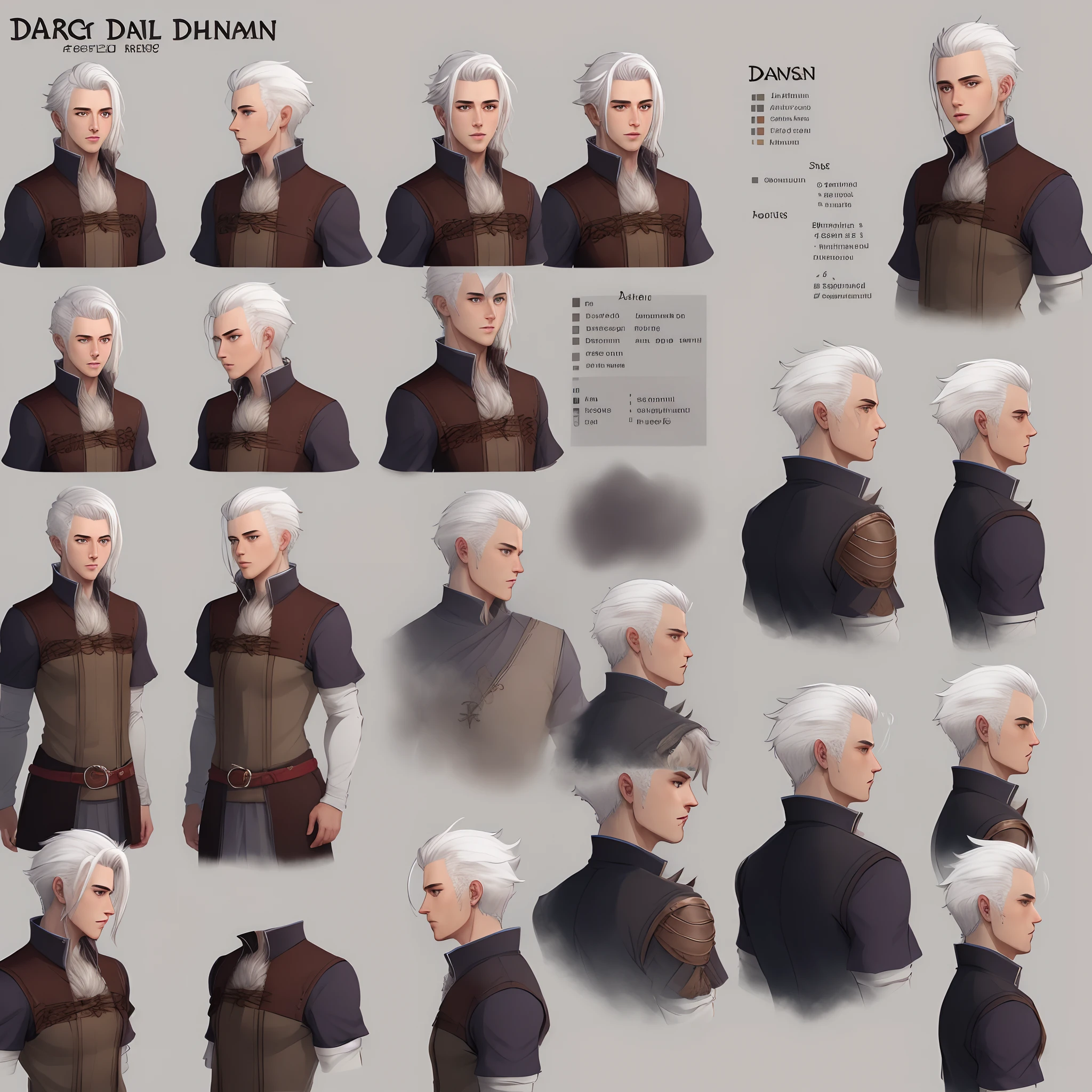 DND Character reference sheet male white hair