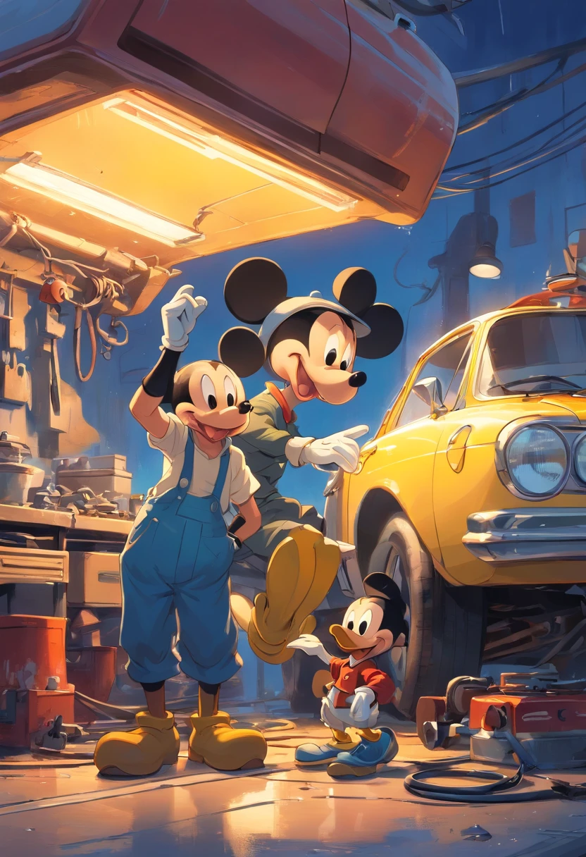 "A masterpiece illustration of Mickey Mouse and Donald Duck as a skilled mechanic repairing a car, With perfect body proportions and an impeccably detailed head, in high definition."