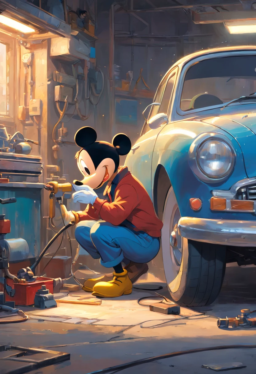 "A masterpiece illustration of Mickey Mouse and Donald Duck as a skilled mechanic repairing a car, With perfect body proportions and an impeccably detailed head, in high definition."