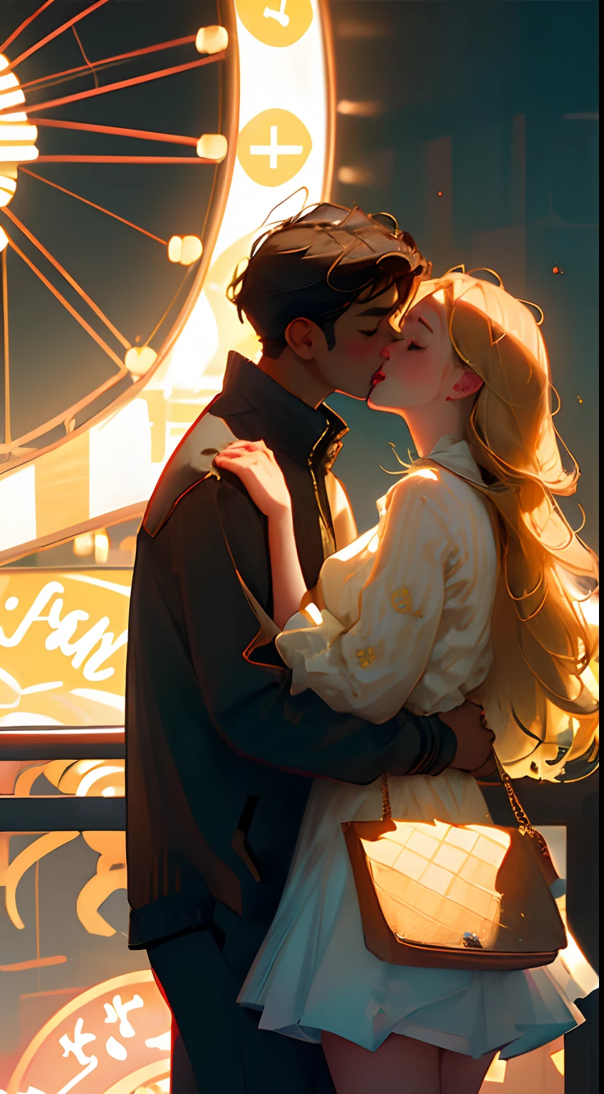 Blonde girl and brown boy kiss in a Ferris wheel