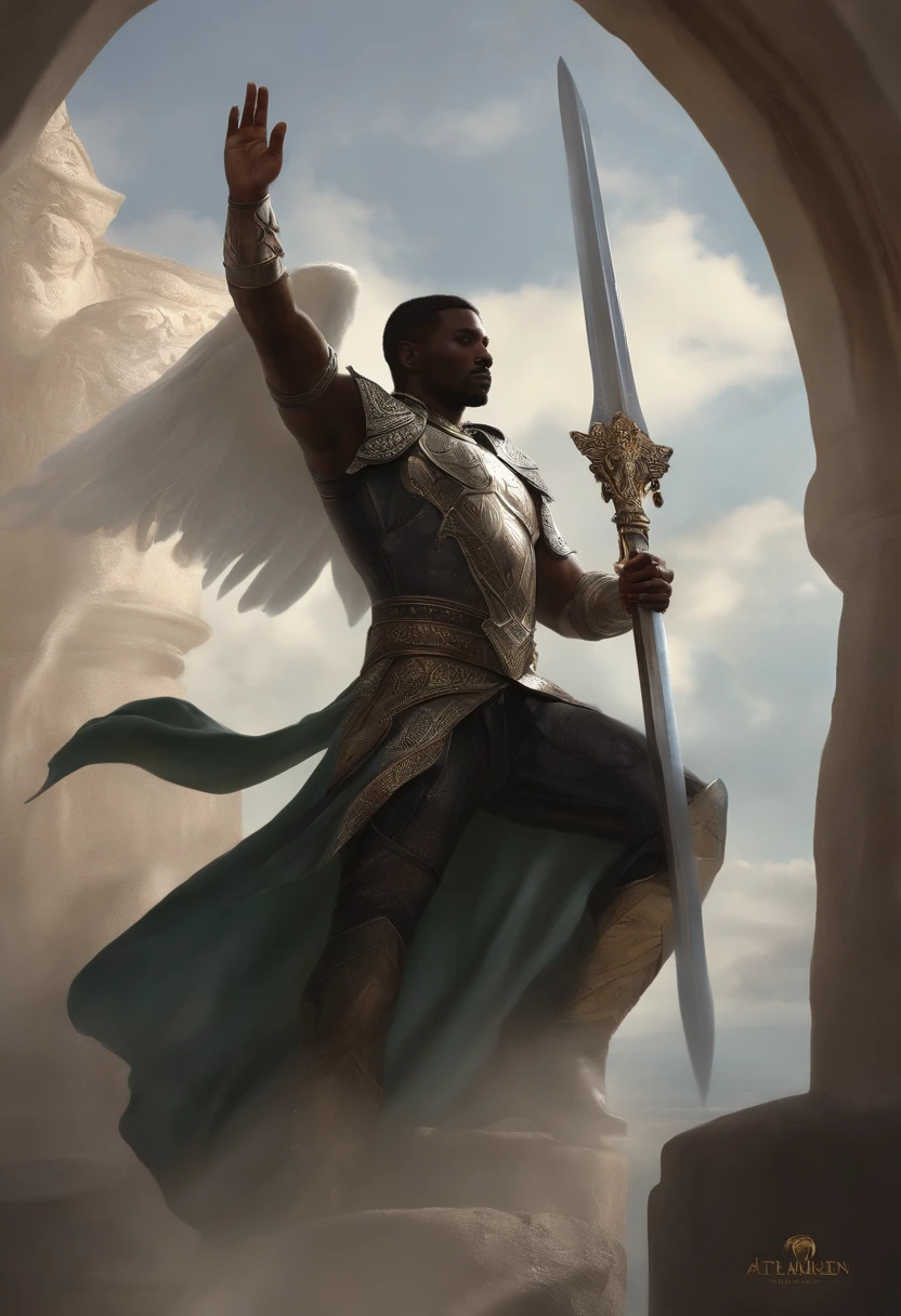 There's a man all black-skinned and pale, with metallic wings and short black hair,com barba curta, Who stands majestically in a white castle with a sword;, ((altamente detalhado)), Artgerm Julie Bell Beeple, Mago oFeiticeiro Reunindo, warrior Mystic Atlantis, Sarcedote elfo, Graphic artist Magali Villeneuve, Ethereal Fantasy, estilo de magia o encontro, lord of change, menino do cavaleiro do anjo, Like a mystic warrior