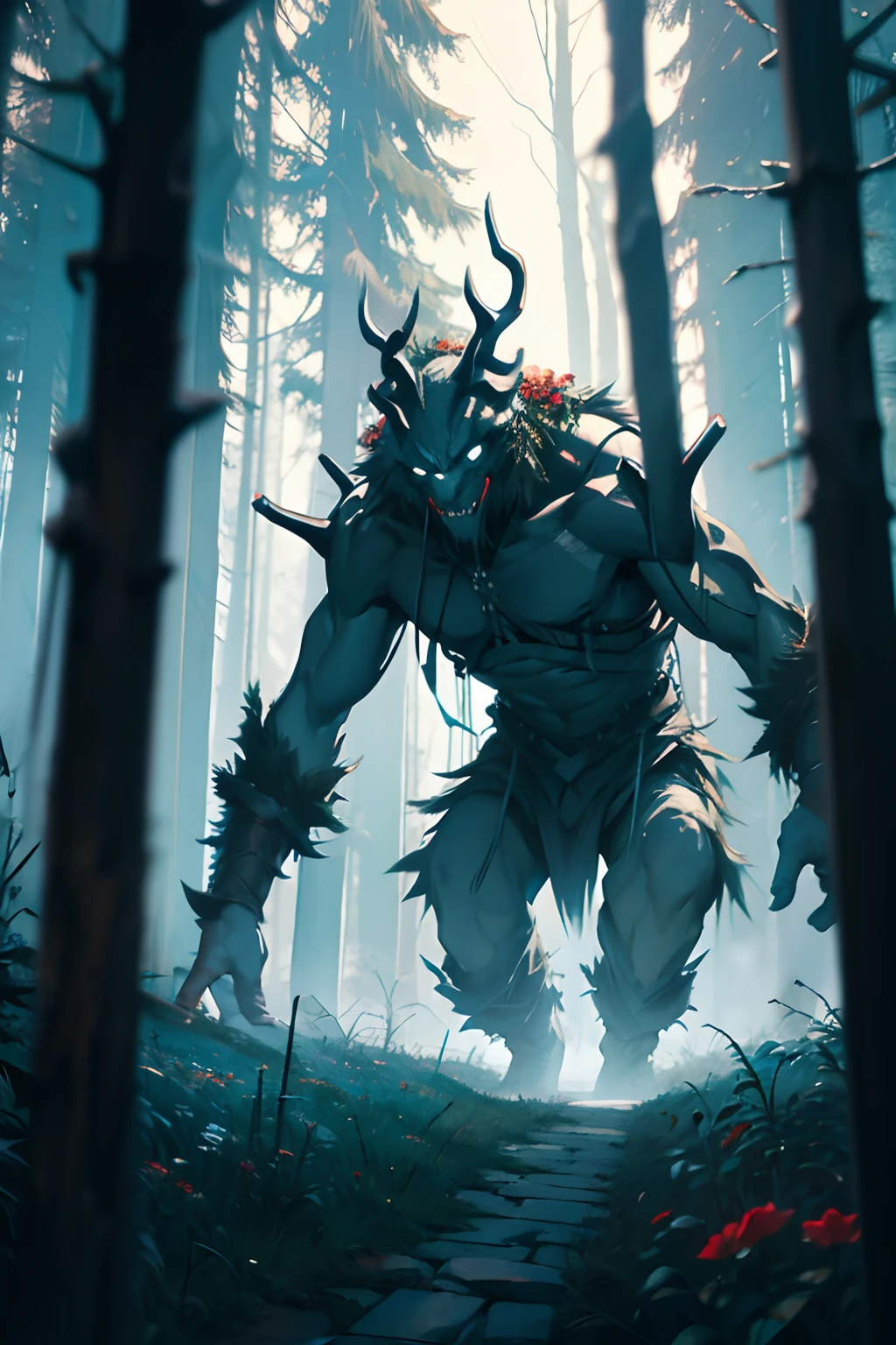Slavic folklore evil creature with long arms, floating above the ground. In a dark pine forest, winter, flowers
