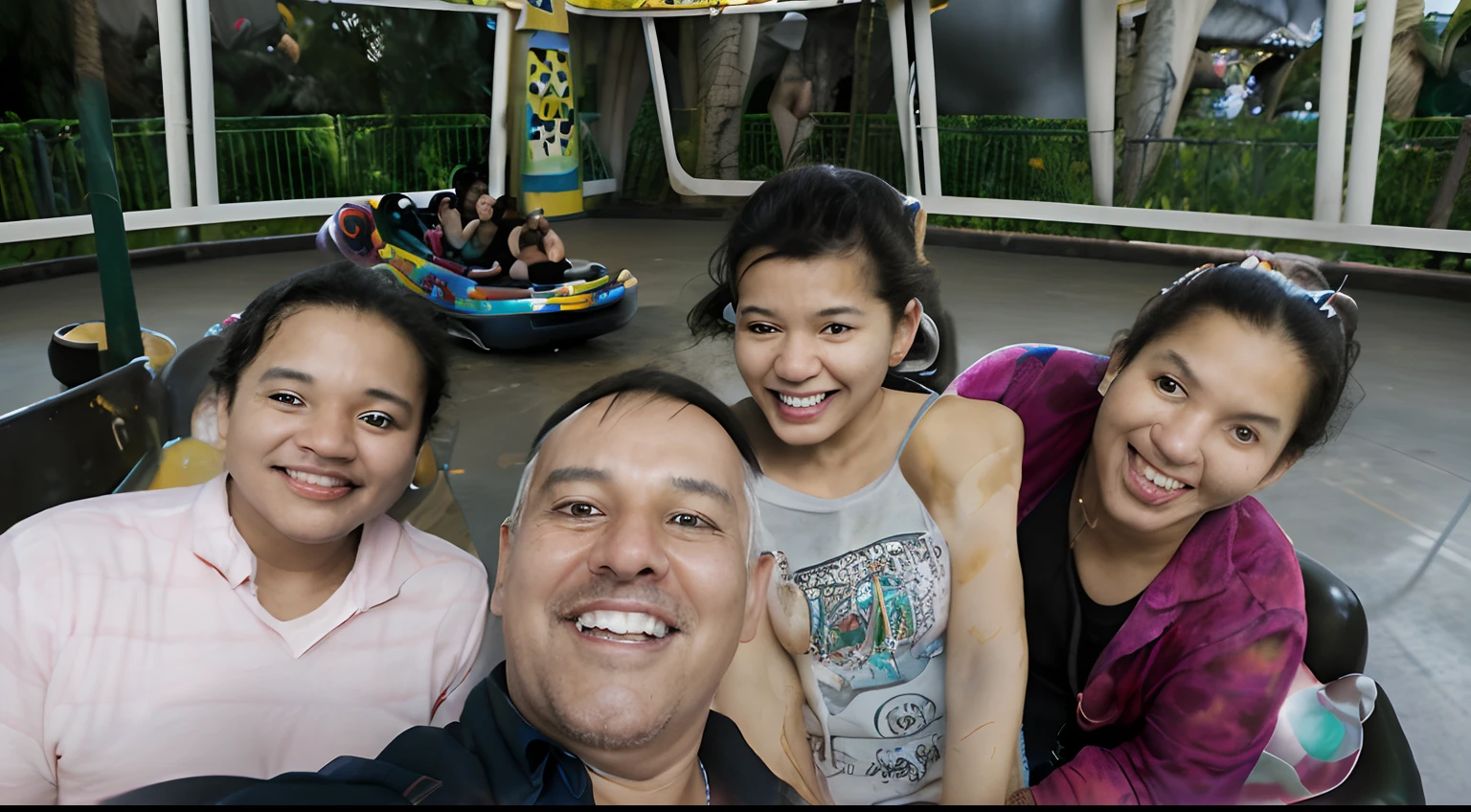 Coloque essa foto no estilo Disney pixar. We're in an amusement park on the bumper car ride.