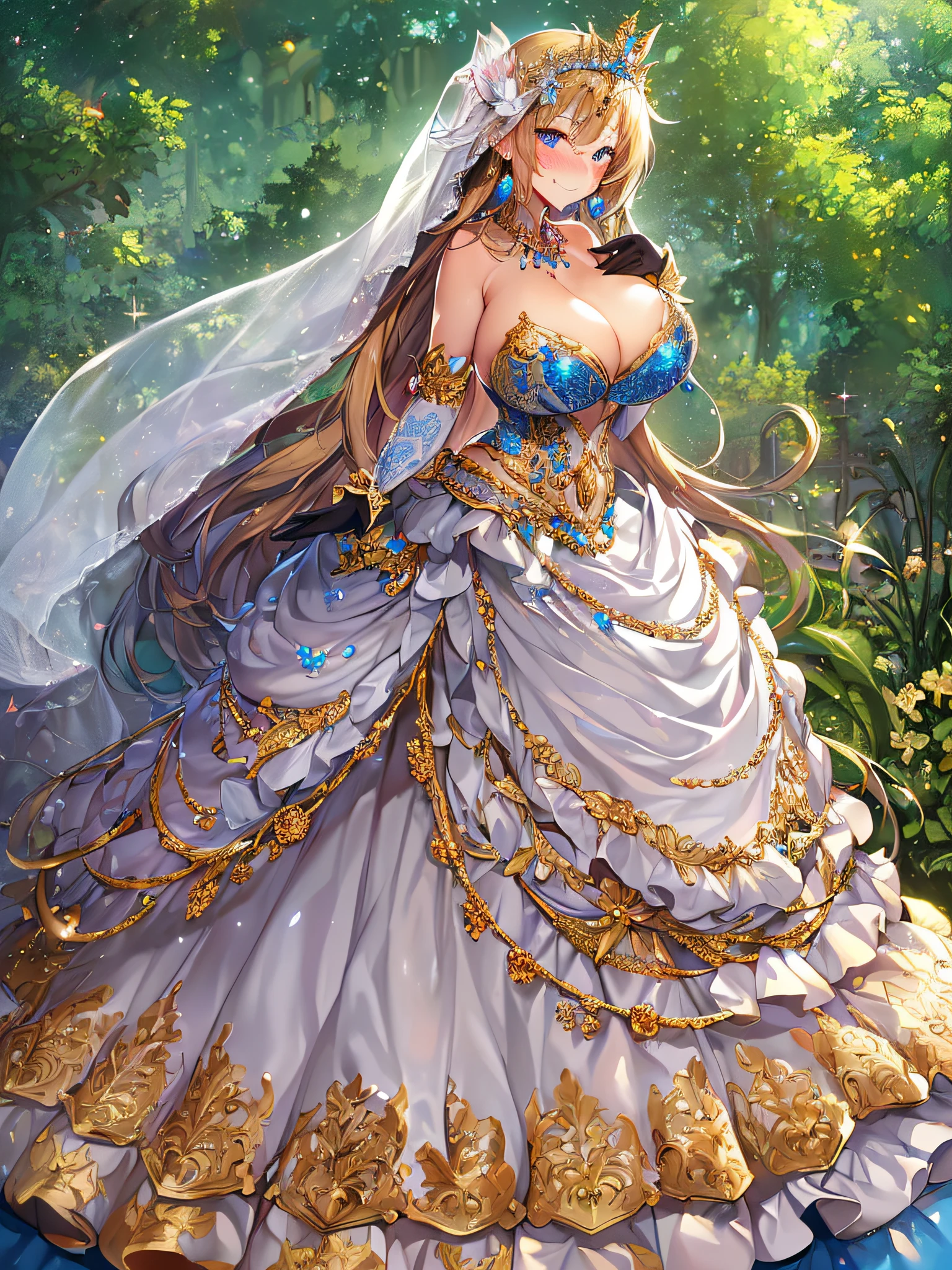 ((Anime Art Style)),(masutepiece),(Best Quality), (Super Detail),((Very delicate and beautiful)),((Full body portrait)),((Stand in the garden)),((Solo)),(((One princess in very gorgeous Cinderella ballgown))),Long Train,Gorgeous embroidery and jewelry,(((very very gigantic boobs,Skindentation))),((large amount of straight hair,extremely voluminous Hair,Very Long Straight Hair)),(finely detailed face and eyes),((Seductive smile,embarrassed)),(extremely gorgeousfull hair ornament,very gorgeous tiara adorned with bling-bling jewels),Glitter Gorgeous Gemstone Jewelry,Gorgeous Long Veil,(opera gloves),(Beautiful background),(Full body),((gorgeous Cinderella ballgown)),