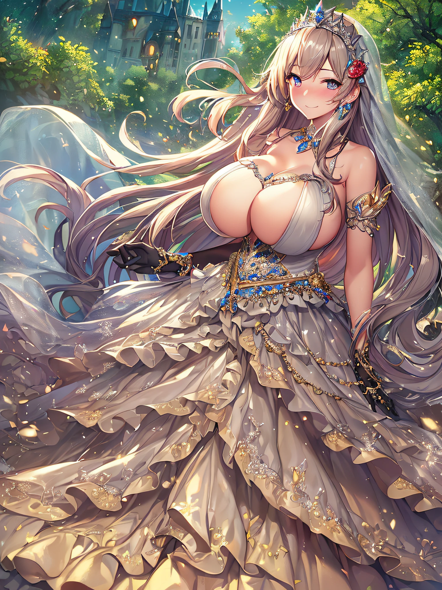 ((Anime Art Style)),(masutepiece),(Best Quality), (Super Detail),((Very delicate and beautiful)),((Full body portrait)),((Stand in the garden)),((Solo)),(((One princess in very gorgeous Cinderella ballgown))),Long Train,Gorgeous embroidery and jewelry,(((very very gigantic boobs,Skindentation))),((large amount of straight hair,extremely voluminous Hair,Very Long Straight Hair)),(finely detailed face and eyes),((Seductive smile,embarrassed)),(extremely gorgeousfull hair ornament,very gorgeous tiara adorned with bling-bling jewels),Glitter Gorgeous Gemstone Jewelry,Gorgeous Long Veil,(opera gloves),(Beautiful background),(Full body),((gorgeous Cinderella ballgown)),