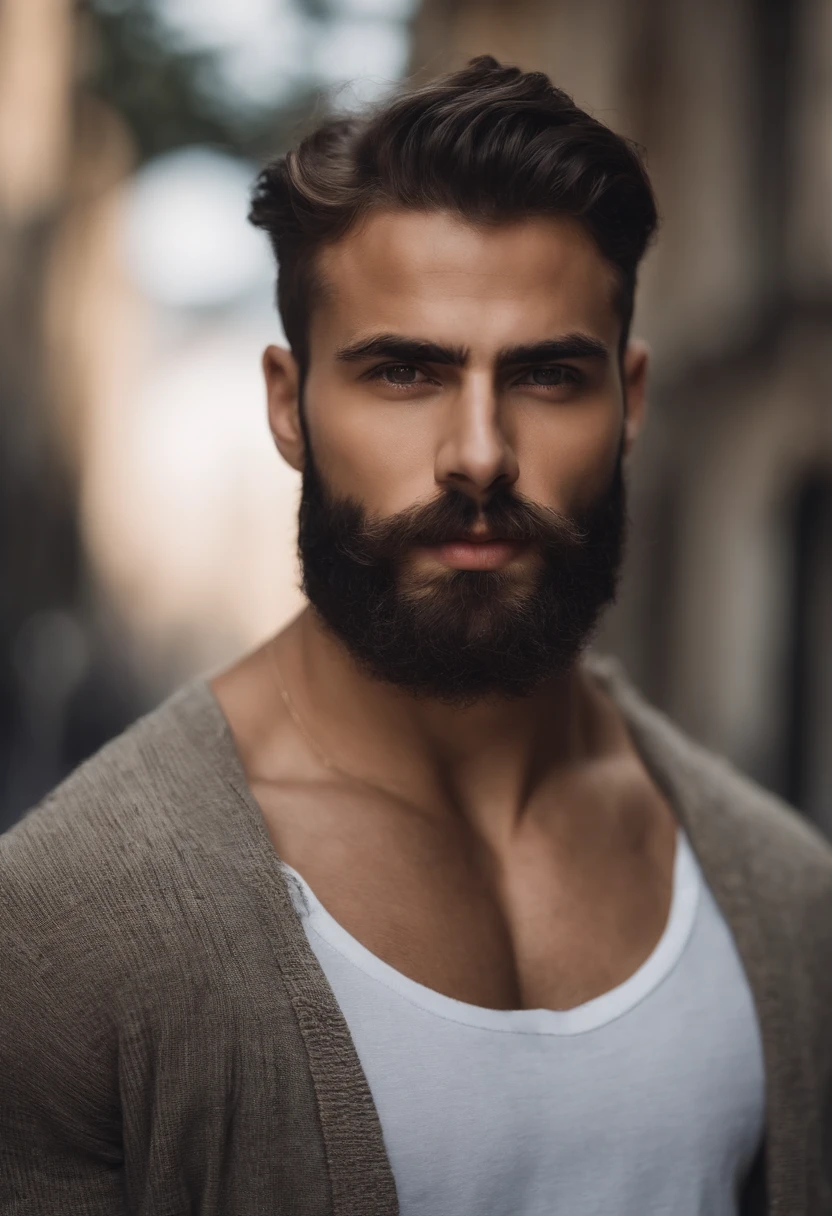 Homem de 20 anos com barba, peito peludo, ombros peludos, pelos esparsos no peito, cabelo, strong masculine features, homem muito atraente com barba, Homem barbudo bonito, Torso masculino parcialmente peludo, Barbu, colmo, masculine features, barba encaracolado, detalhes perfeitos, very realistic, olhos azuis, Characteristics of Arabic, Random Summer Outfits