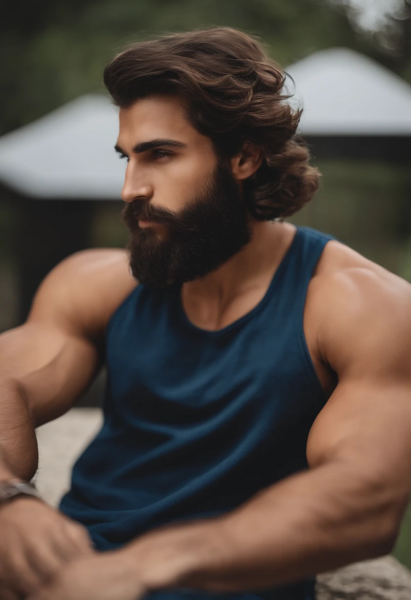 Homem de 20 anos com barba, peito peludo, ombros peludos, pelos esparsos no peito, cabelo, strong masculine features, homem muito atraente com barba, Homem barbudo bonito, Torso masculino parcialmente peludo, Barbu, colmo, masculine features, barba encaracolado, detalhes perfeitos, very realistic, olhos azuis, Characteristics of Arabic, Random Summer Outfits