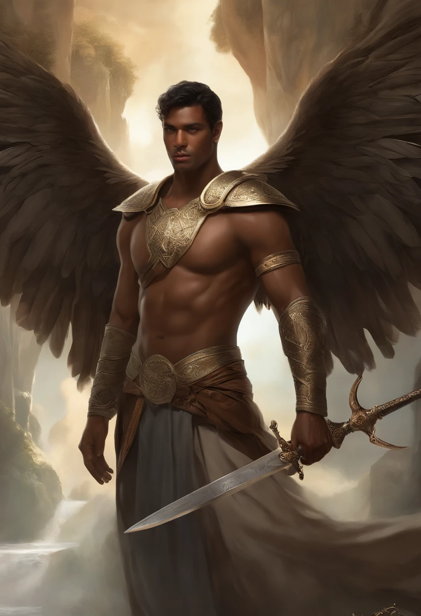 There's a man all brown-skinned and pale, with metallic wings and short black hair,com barba curta, Who stands majestically in a white castle with a sword;, ((altamente detalhado)), Artgerm Julie Bell Beeple, Mago oFeiticeiro Reunindo, warrior Mystic Atlantis, Sarcedote elfo, Graphic artist Magali Villeneuve, Ethereal Fantasy, estilo de magia o encontro, lord of change, menino do cavaleiro do anjo, Like a mystic warrior