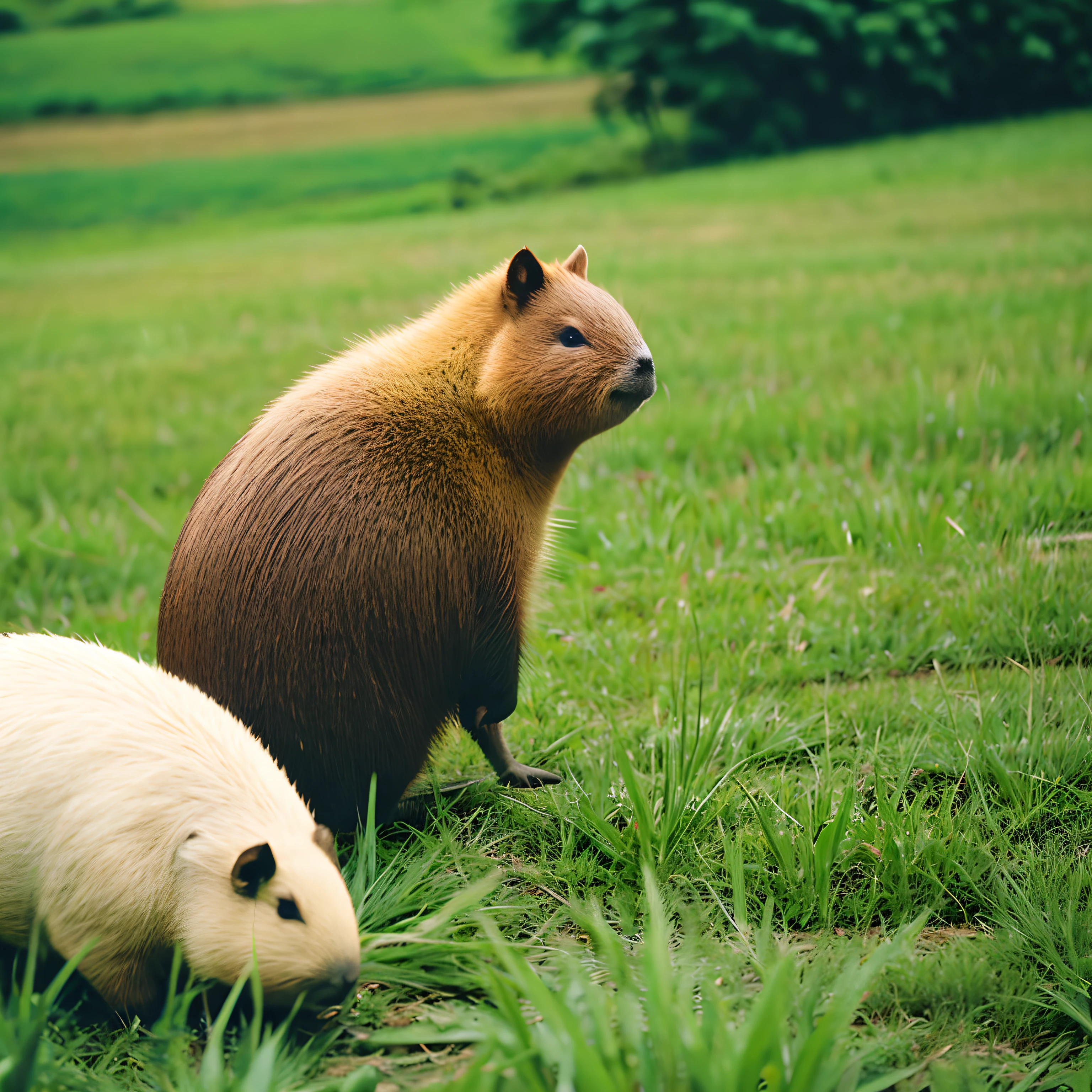 quiet、kawaii、capybara、grass field、hightquality