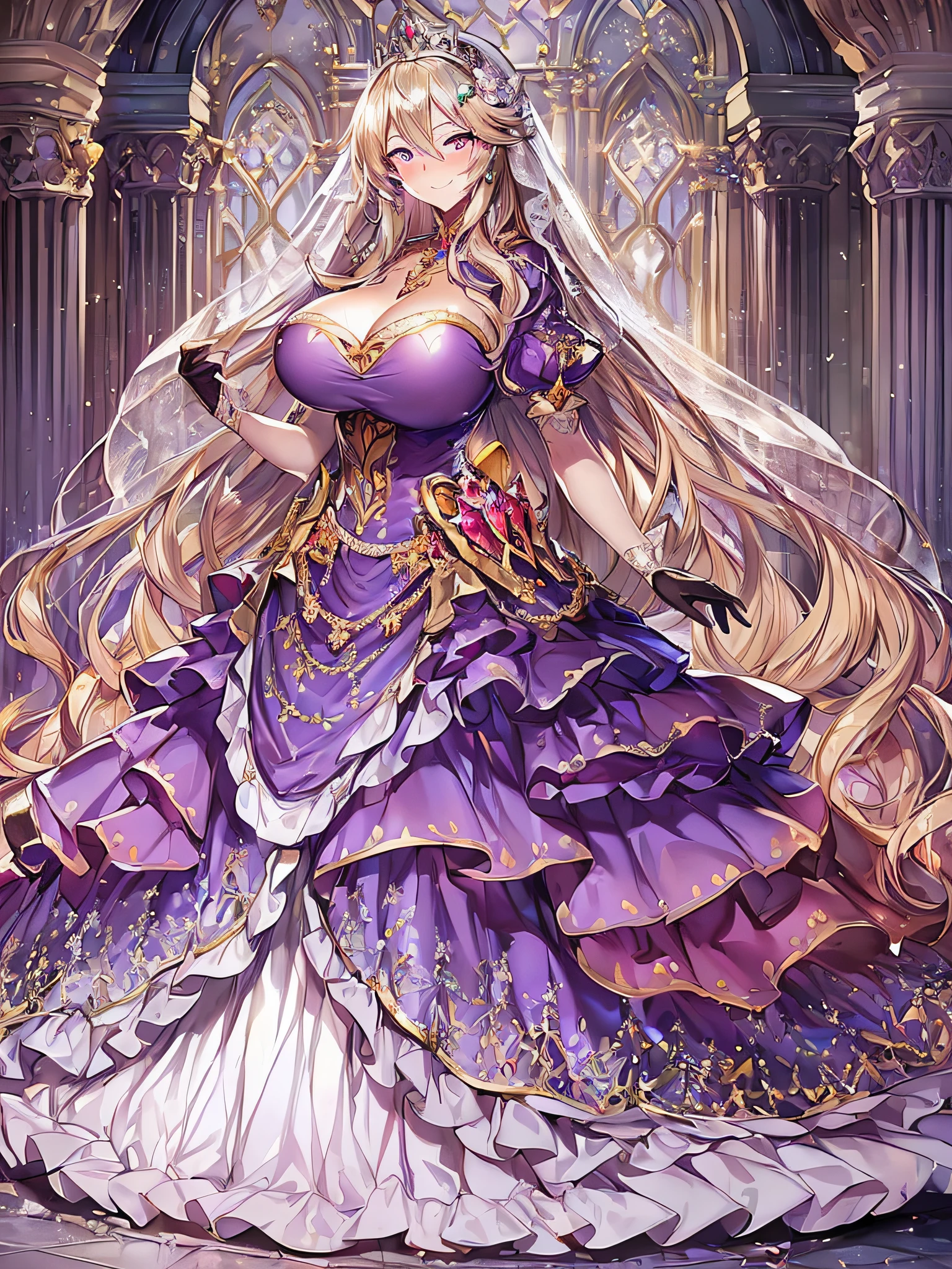 ((Anime Art Style)),(masutepiece),(Best Quality), (Super Detail),((Very delicate and beautiful)),((Full body portrait)),((Stand in the garden)),((Solo)),(((One princess in very gorgeous Cinderella ballgown))),Long Train,Gorgeous embroidery and jewelry,(((very very gigantic boobs,Skindentation))),((large amount of straight hair,extremely voluminous Hair,Very Long Straight Hair)),(finely detailed face and eyes),((Seductive smile,embarrassed)),(extremely gorgeousfull hair ornament,very gorgeous tiara adorned with bling-bling jewels),Glitter Gorgeous Gemstone Jewelry,Gorgeous Long Veil,(opera gloves),(Beautiful background),(Full body),((gorgeous Cinderella ballgown)),